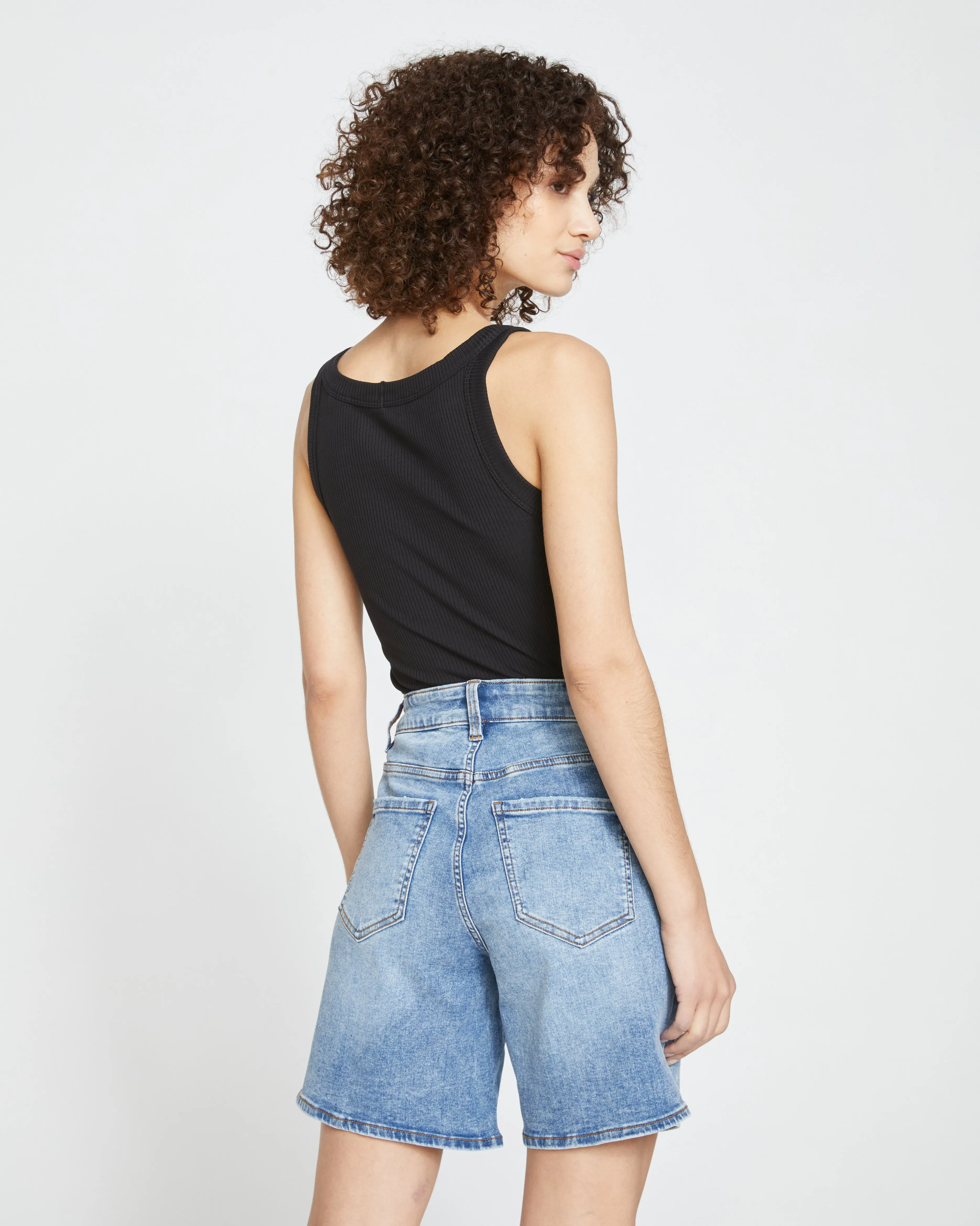 Katie High Rise Crossover Denim Shorts - Distressed Vintage Indigo Wash