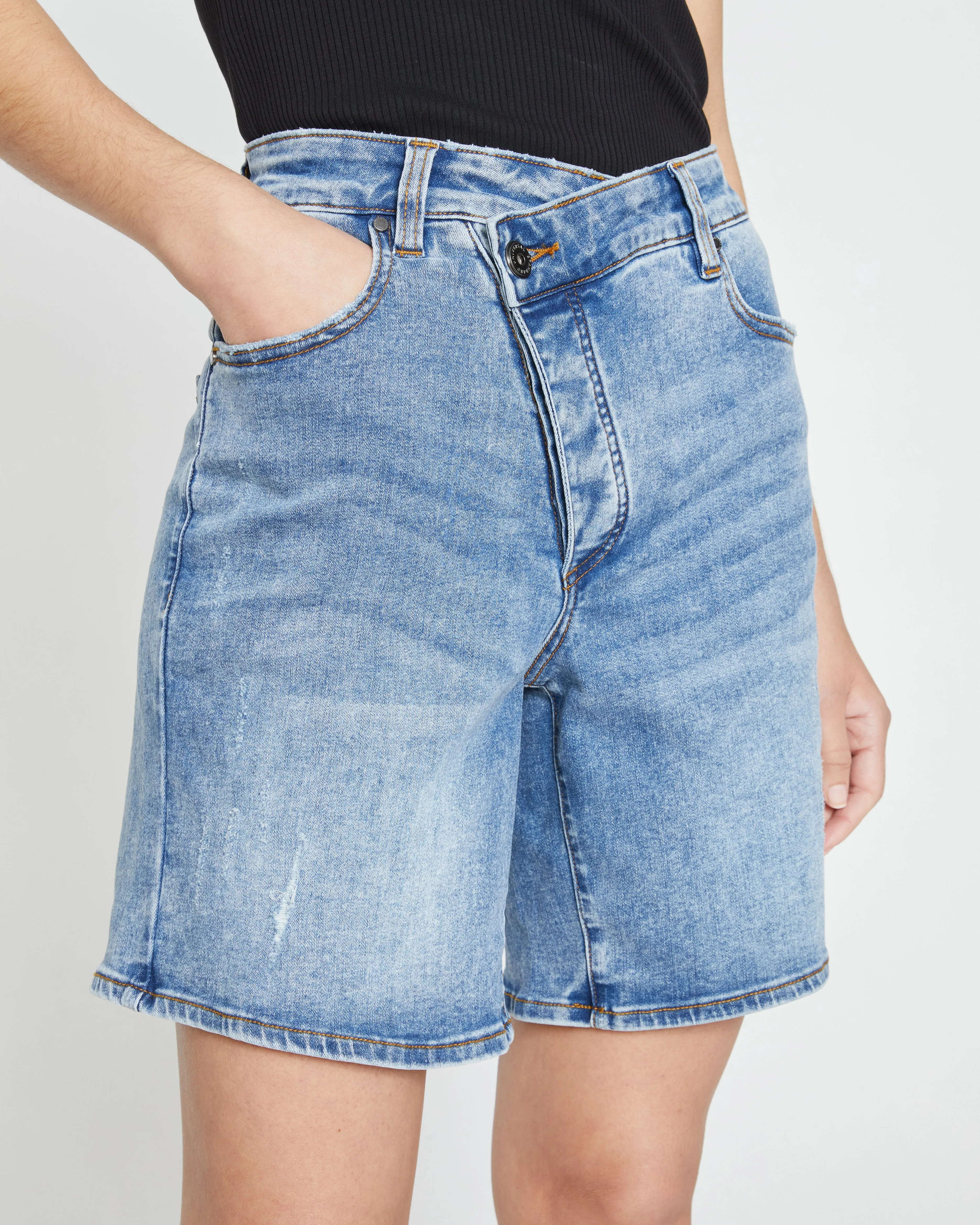 Katie High Rise Crossover Denim Shorts - Distressed Vintage Indigo Wash