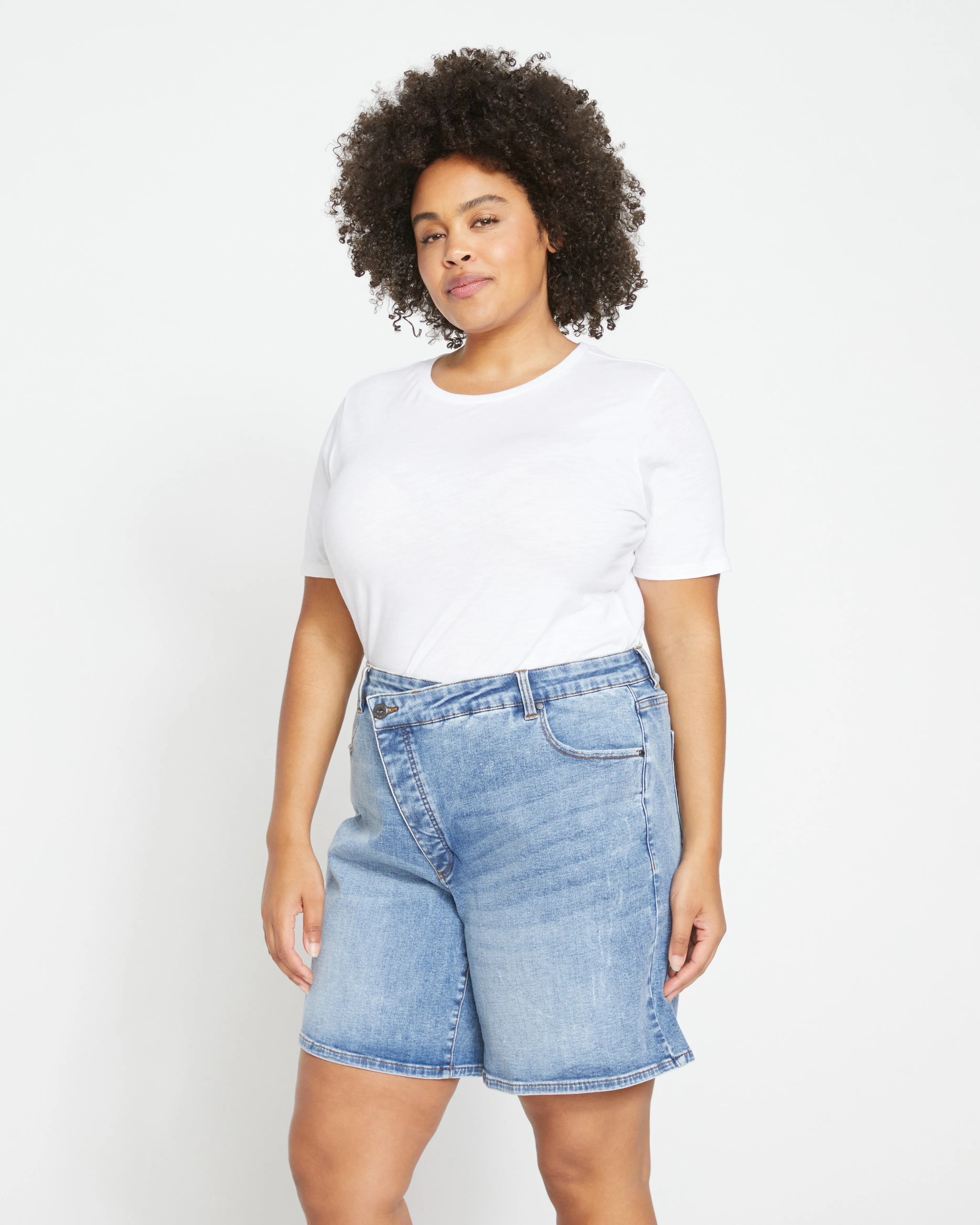 Katie High Rise Crossover Denim Shorts - Distressed Vintage Indigo Wash