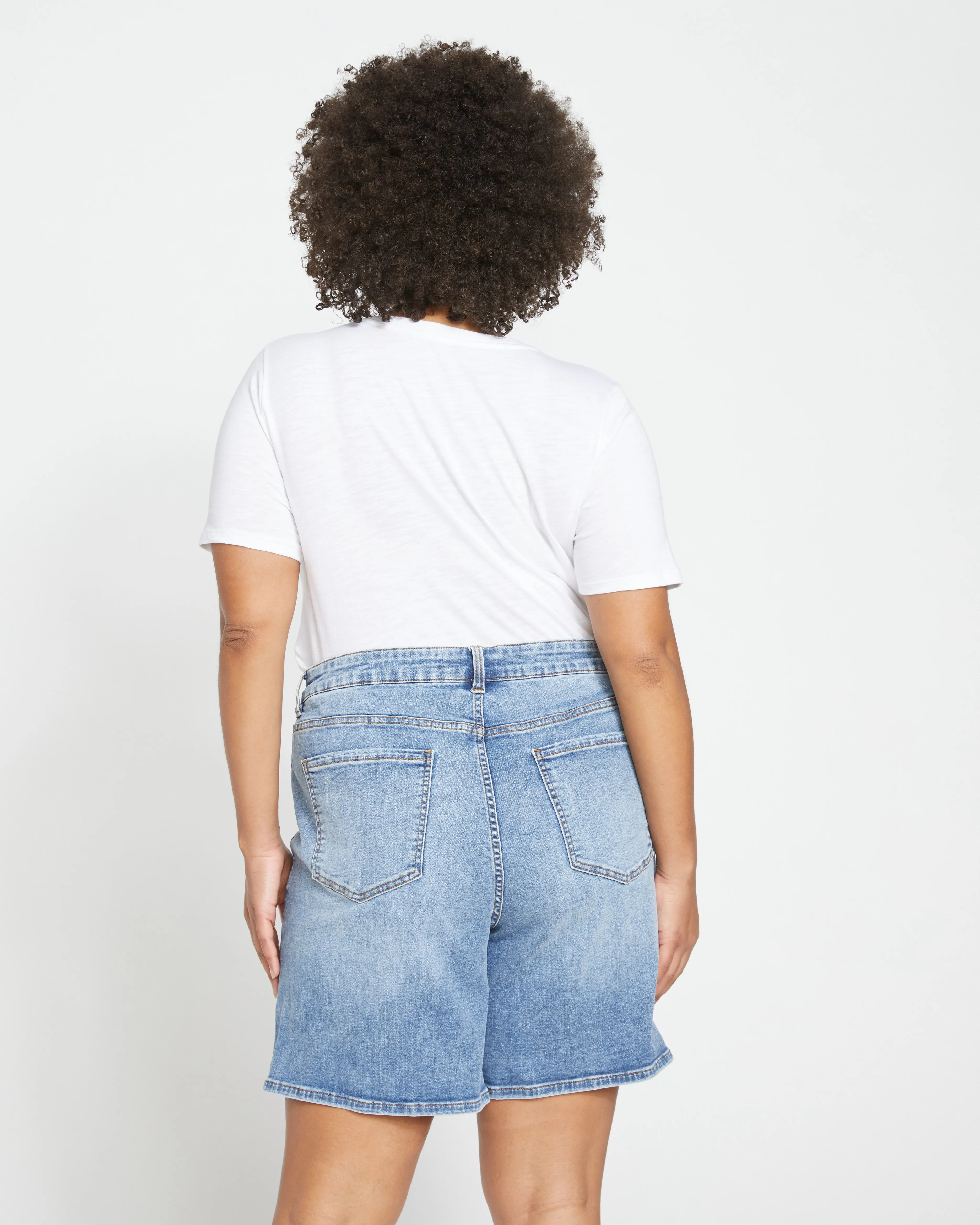 Katie High Rise Crossover Denim Shorts - Distressed Vintage Indigo Wash