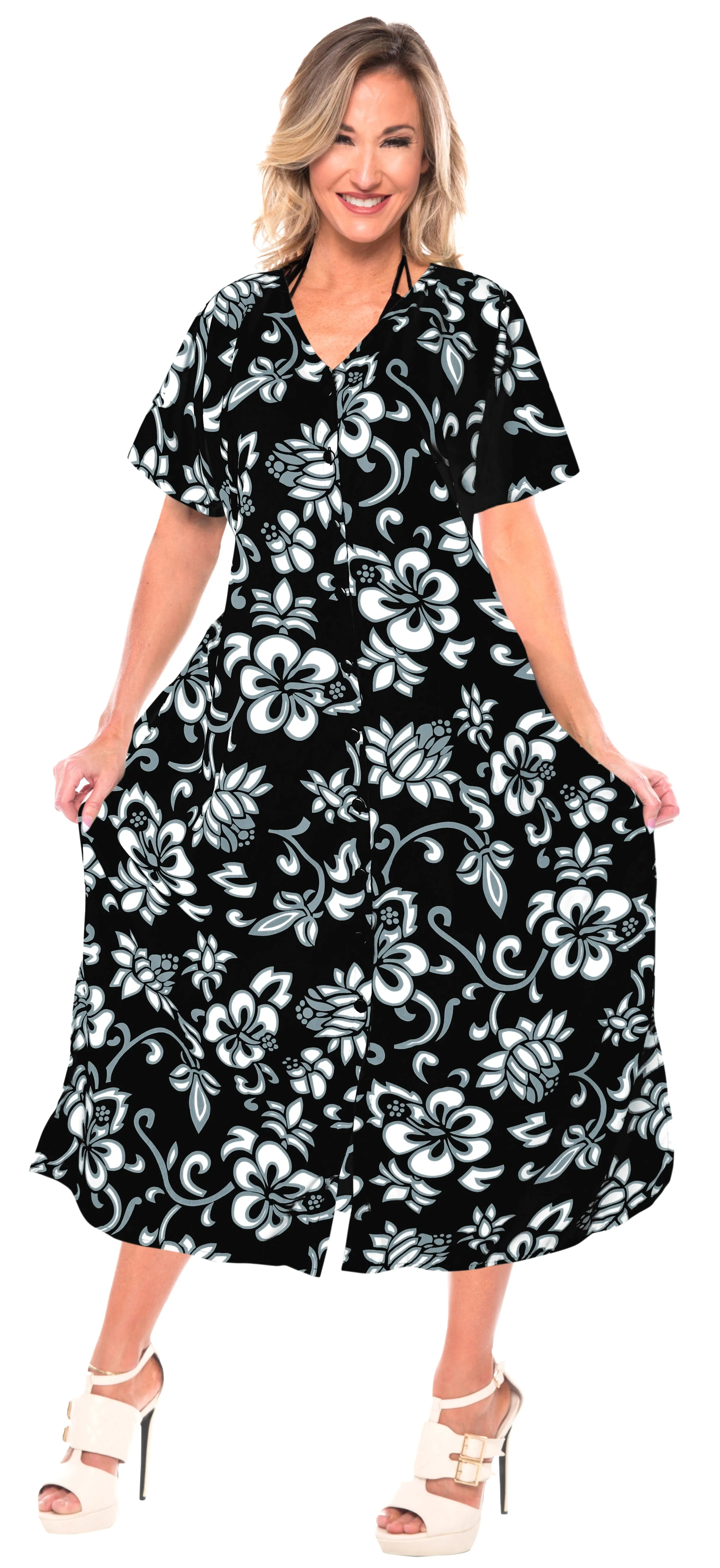 La Leela Womens button Closure MAXI Beach evening Casual Dress swimwear Caftan b