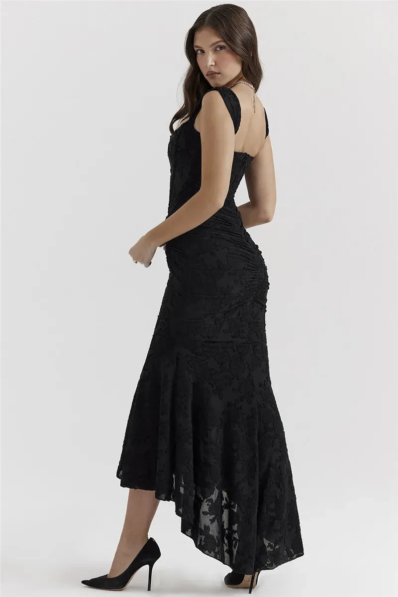 Lace Textured Strap Charming Wrap Midi Dress