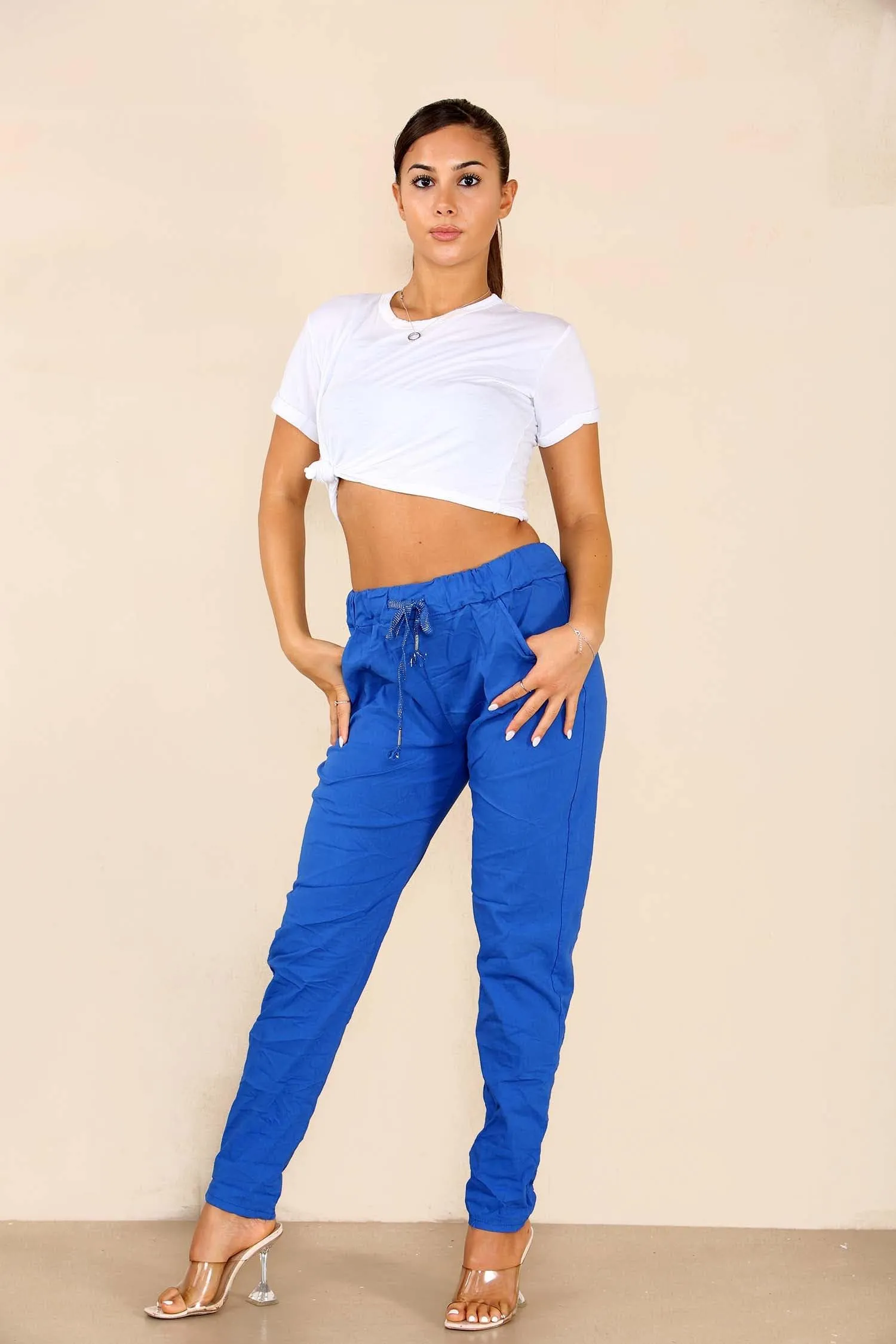 Ladies Stretch Magic Italian Trousers Womens Crushed Casual Leggings Look Joggers Pants
