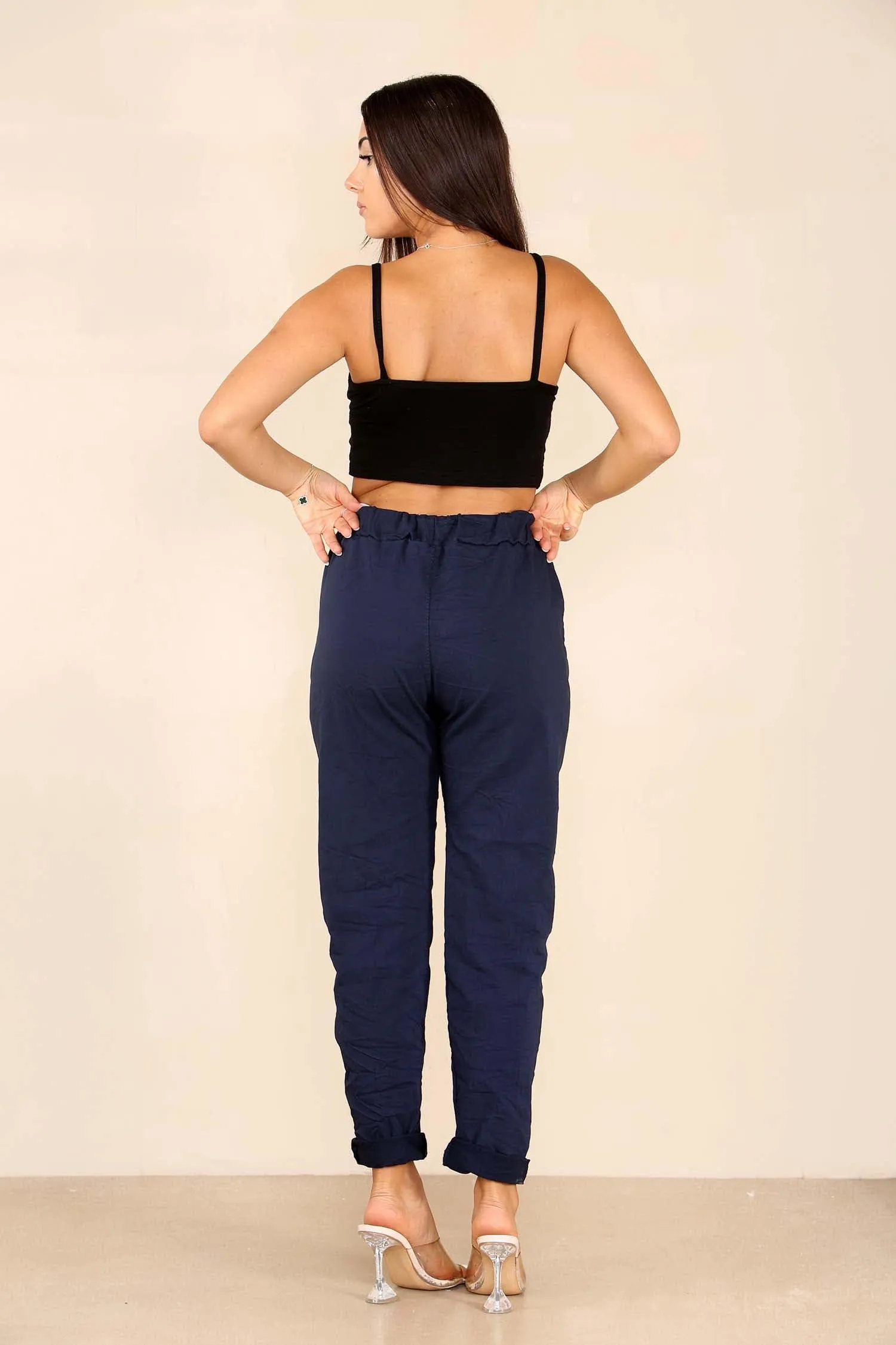 Ladies Stretch Magic Italian Trousers Womens Crushed Casual Leggings Look Joggers Pants