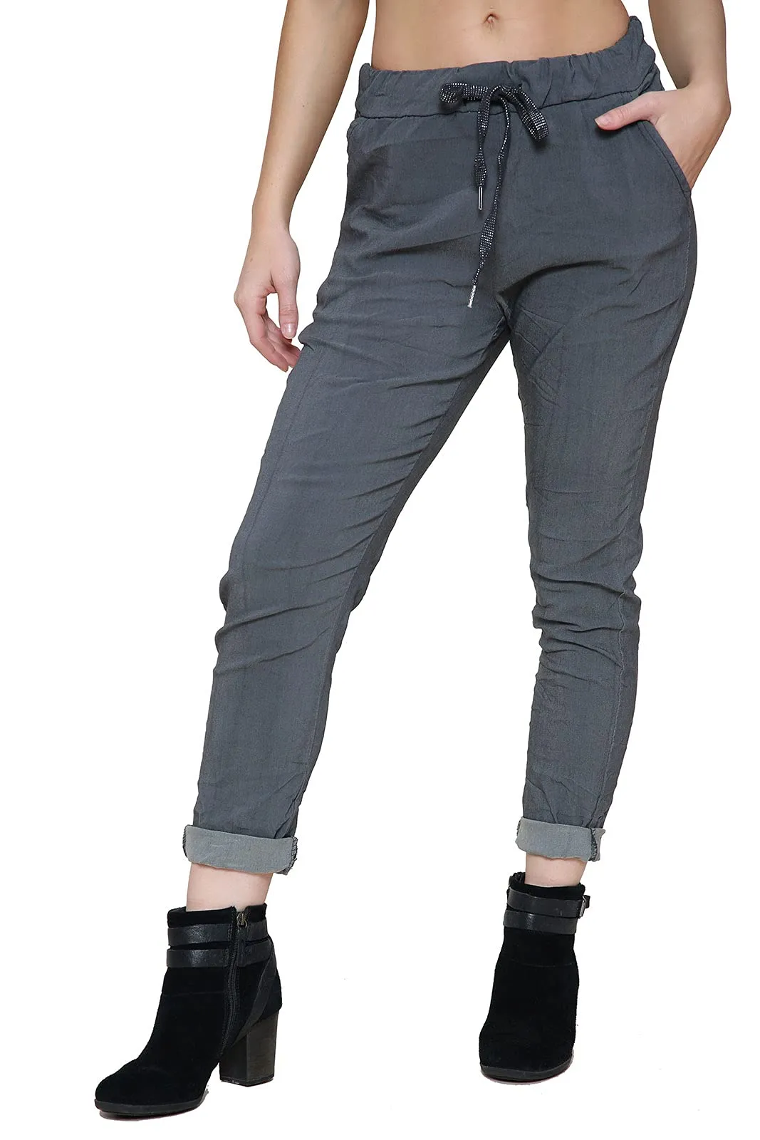 Ladies Stretch Magic Italian Trousers Womens Crushed Casual Leggings Look Joggers Pants