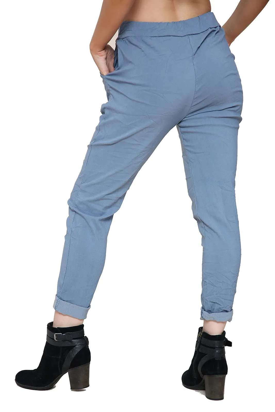 Ladies Stretch Magic Italian Trousers Womens Crushed Casual Leggings Look Joggers Pants