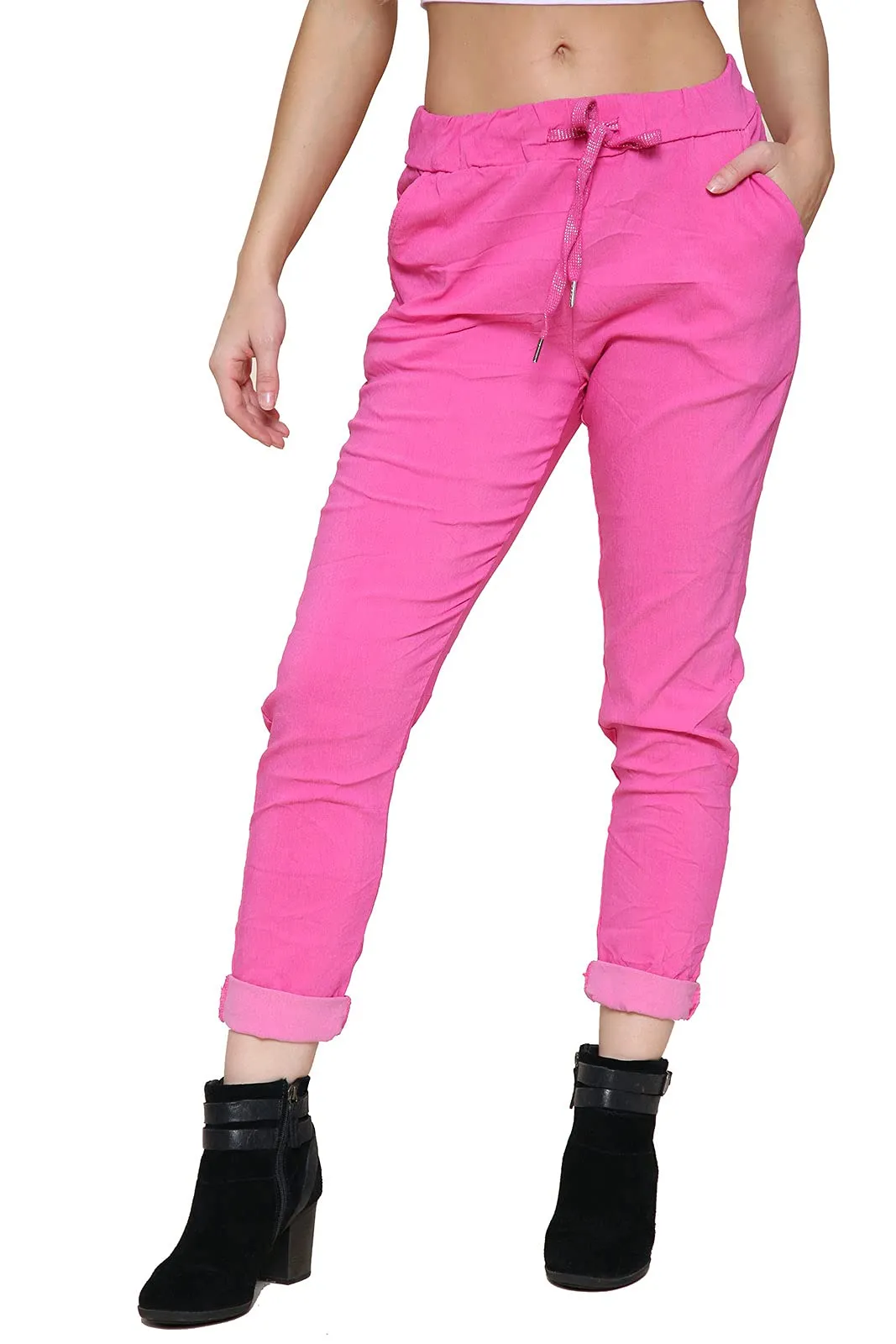 Ladies Stretch Magic Italian Trousers Womens Crushed Casual Leggings Look Joggers Pants