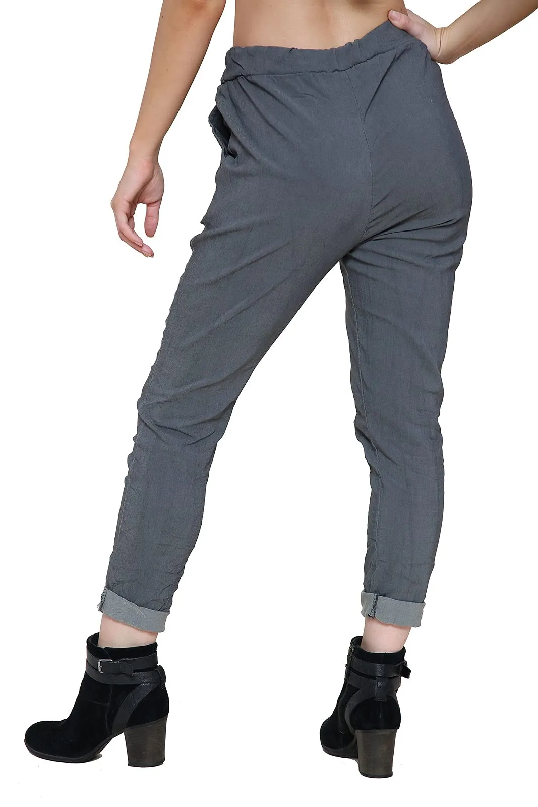 Ladies Stretch Magic Italian Trousers Womens Crushed Casual Leggings Look Joggers Pants