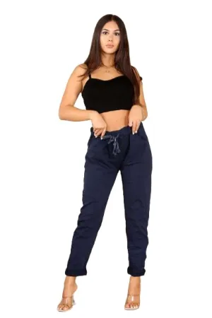 Ladies Stretch Magic Italian Trousers Womens Crushed Casual Leggings Look Joggers Pants