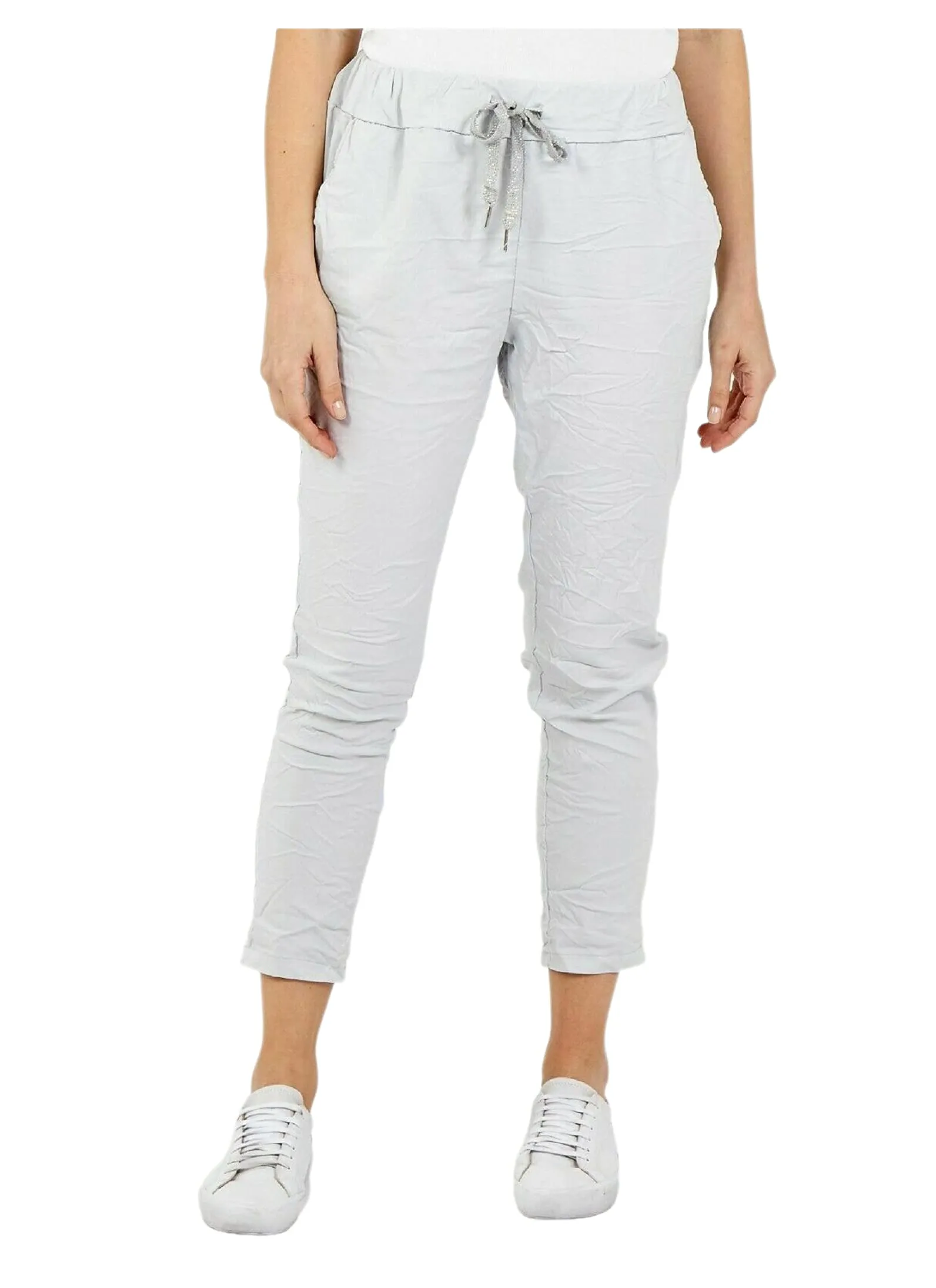 Ladies Stretch Magic Italian Trousers Womens Crushed Casual Leggings Look Joggers Pants