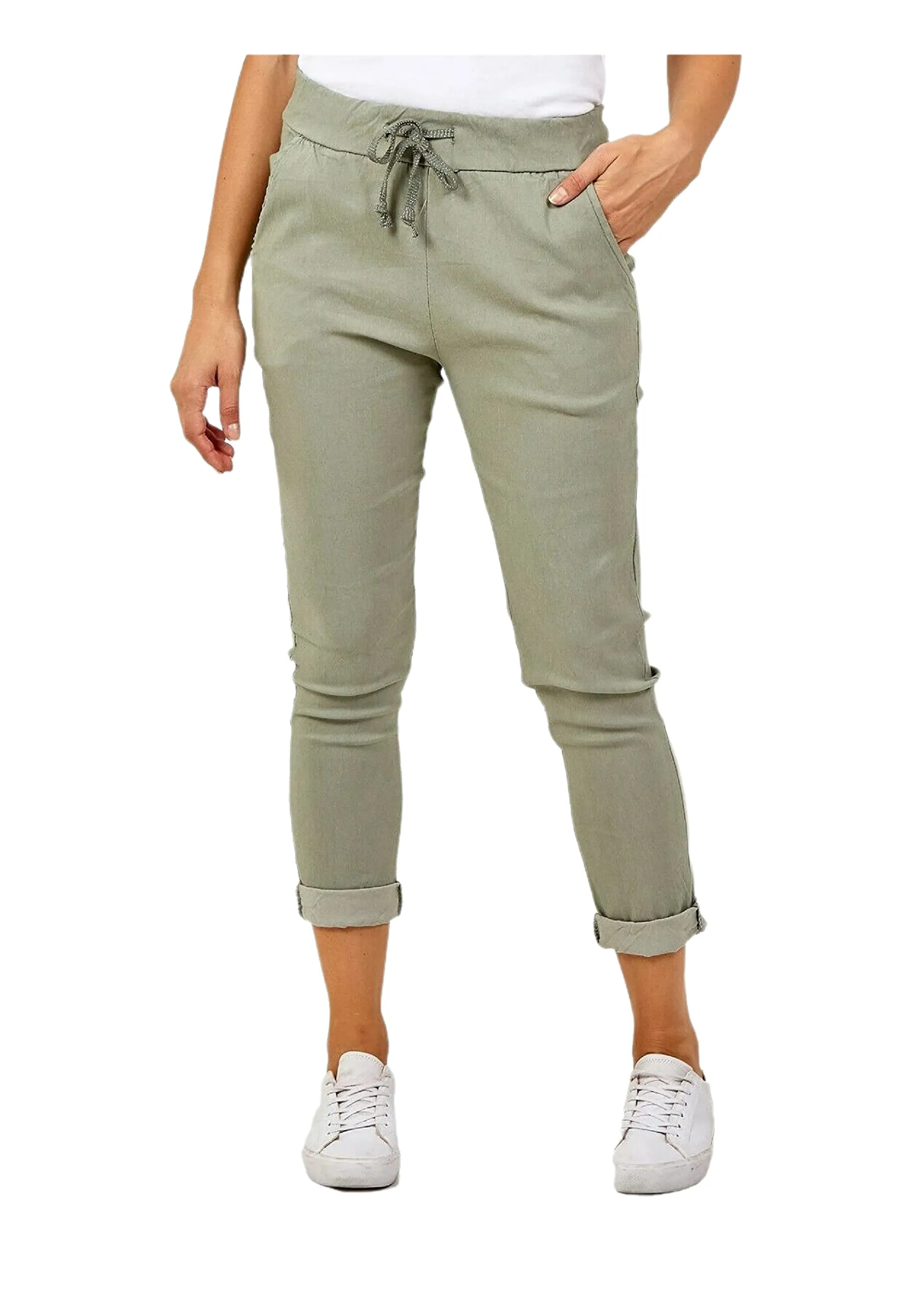 Ladies Stretch Magic Italian Trousers Womens Crushed Casual Leggings Look Joggers Pants