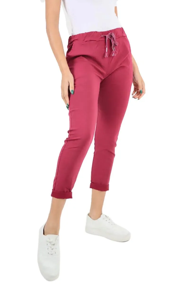Ladies Stretch Magic Italian Trousers Womens Crushed Casual Leggings Look Joggers Pants