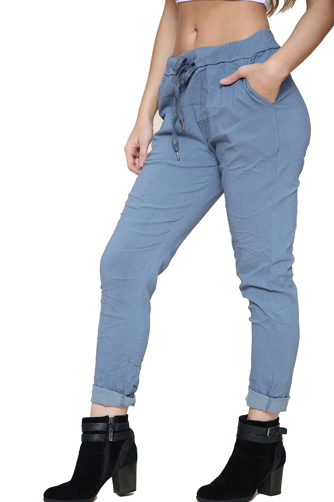 Ladies Stretch Magic Italian Trousers Womens Crushed Casual Leggings Look Joggers Pants