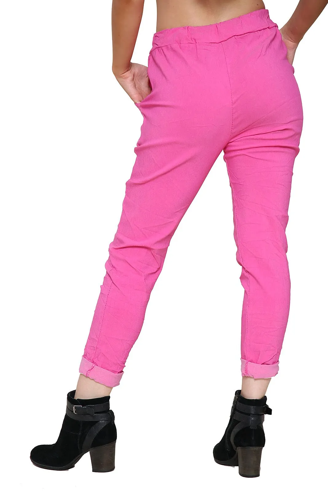 Ladies Stretch Magic Italian Trousers Womens Crushed Casual Leggings Look Joggers Pants