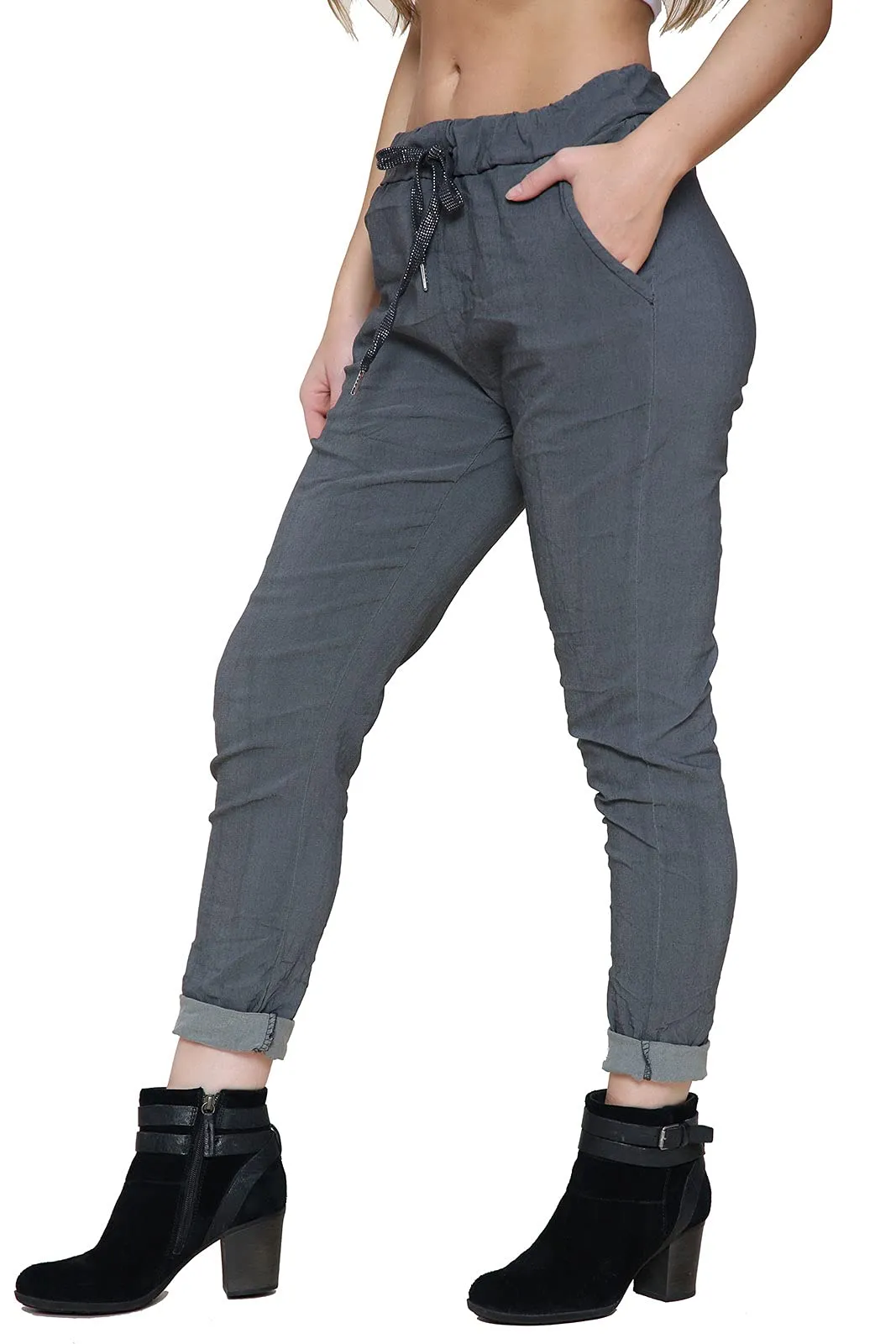 Ladies Stretch Magic Italian Trousers Womens Crushed Casual Leggings Look Joggers Pants