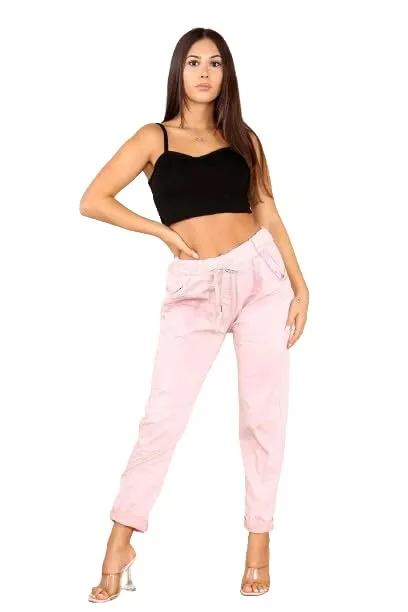 Ladies Stretch Magic Italian Trousers Womens Crushed Casual Leggings Look Joggers Pants