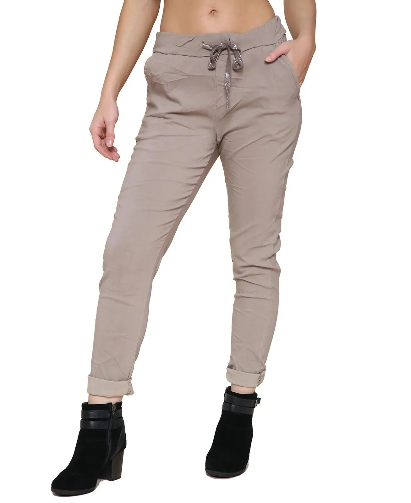 Ladies Stretch Magic Italian Trousers Womens Crushed Casual Leggings Look Joggers Pants