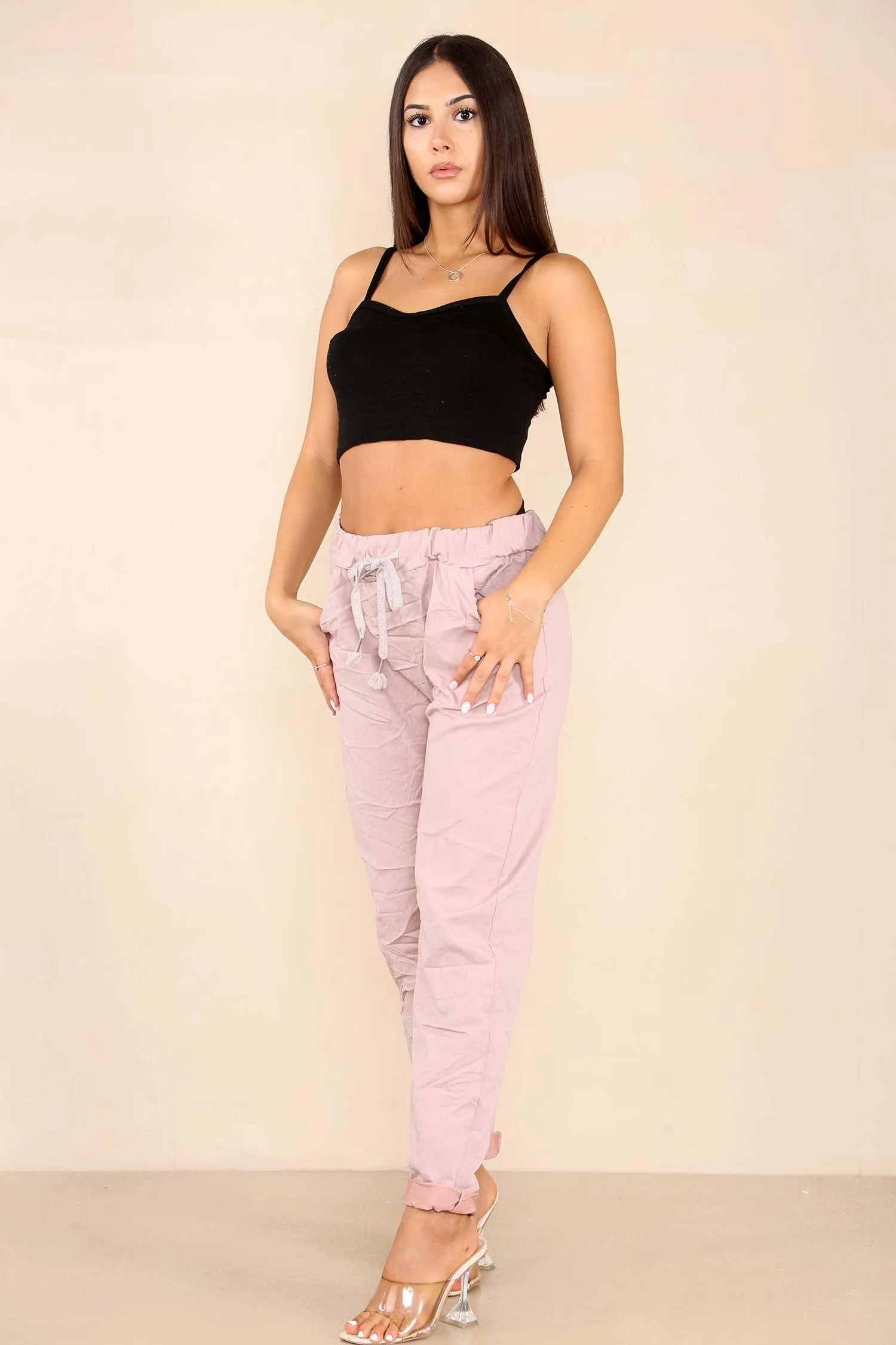 Ladies Stretch Magic Italian Trousers Womens Crushed Casual Leggings Look Joggers Pants