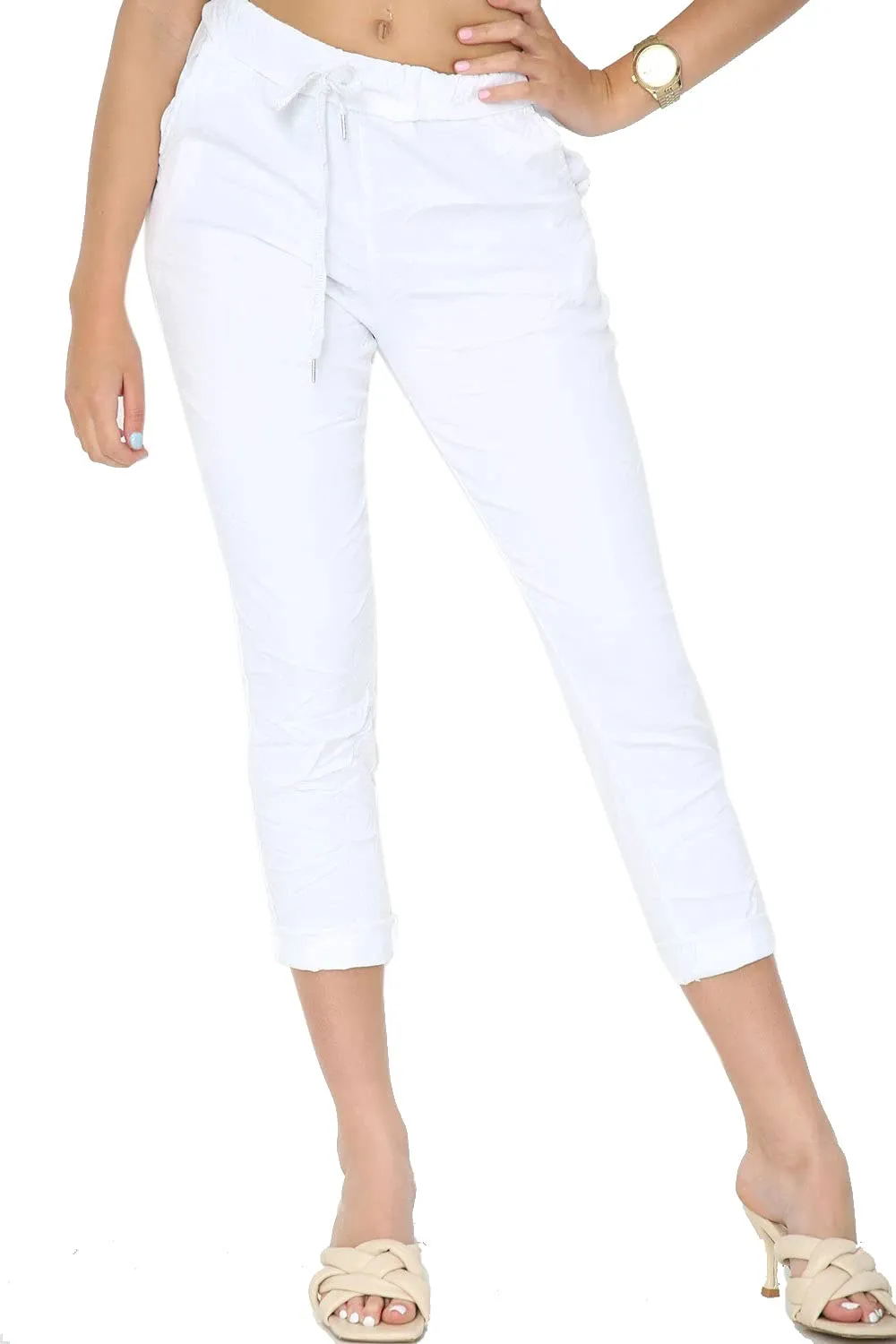 Ladies Stretch Magic Italian Trousers Womens Crushed Casual Leggings Look Joggers Pants