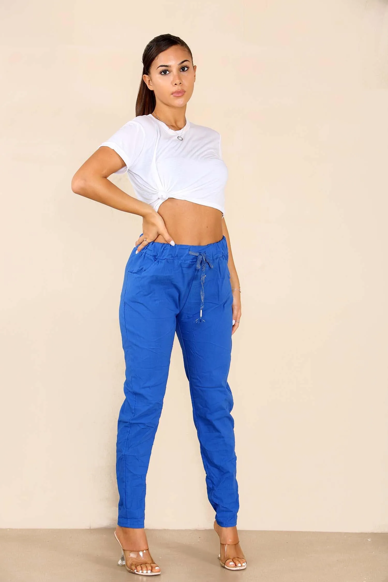 Ladies Stretch Magic Italian Trousers Womens Crushed Casual Leggings Look Joggers Pants