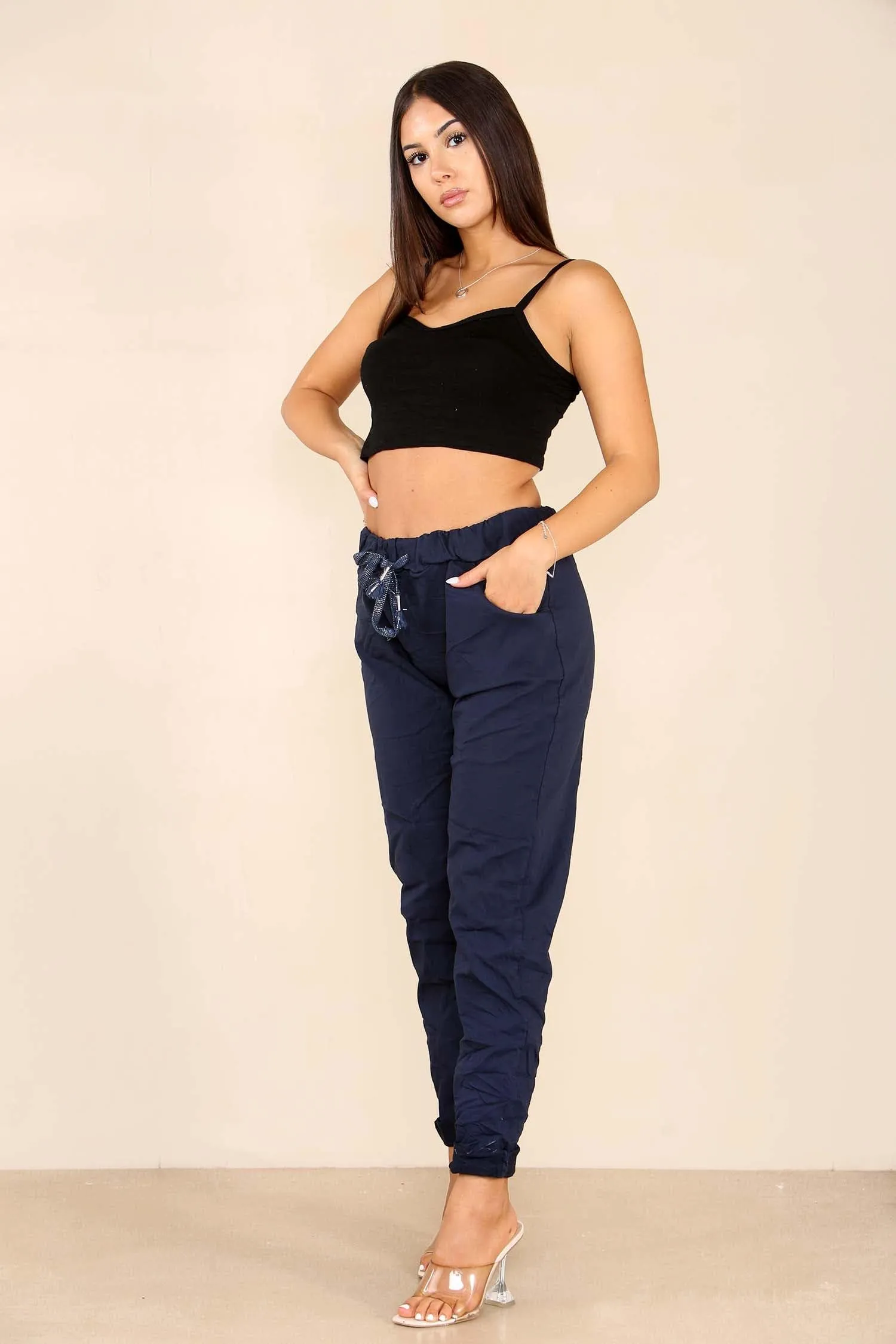 Ladies Stretch Magic Italian Trousers Womens Crushed Casual Leggings Look Joggers Pants