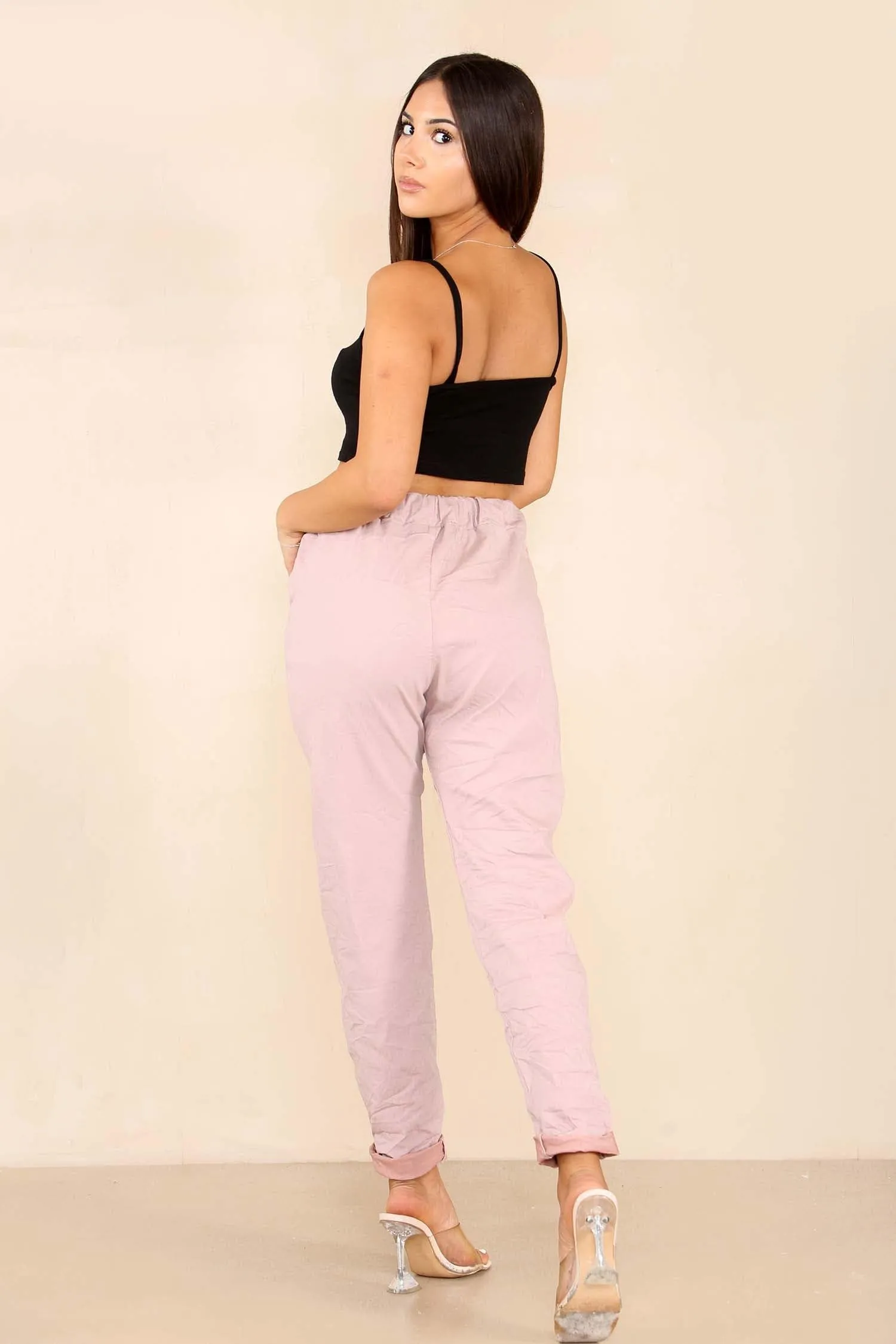 Ladies Stretch Magic Italian Trousers Womens Crushed Casual Leggings Look Joggers Pants