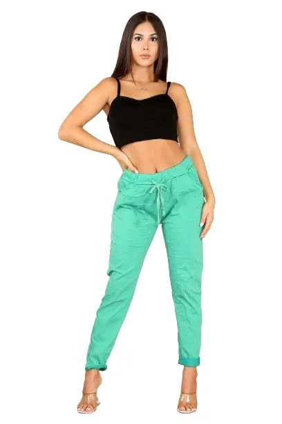 Ladies Stretch Magic Italian Trousers Womens Crushed Casual Leggings Look Joggers Pants
