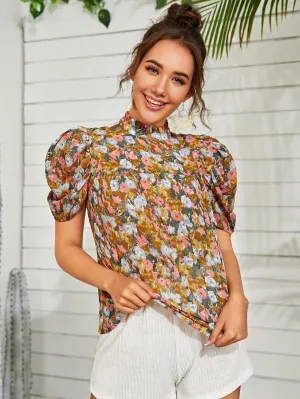 Mock-Neck Puff Sleeve Floral Top