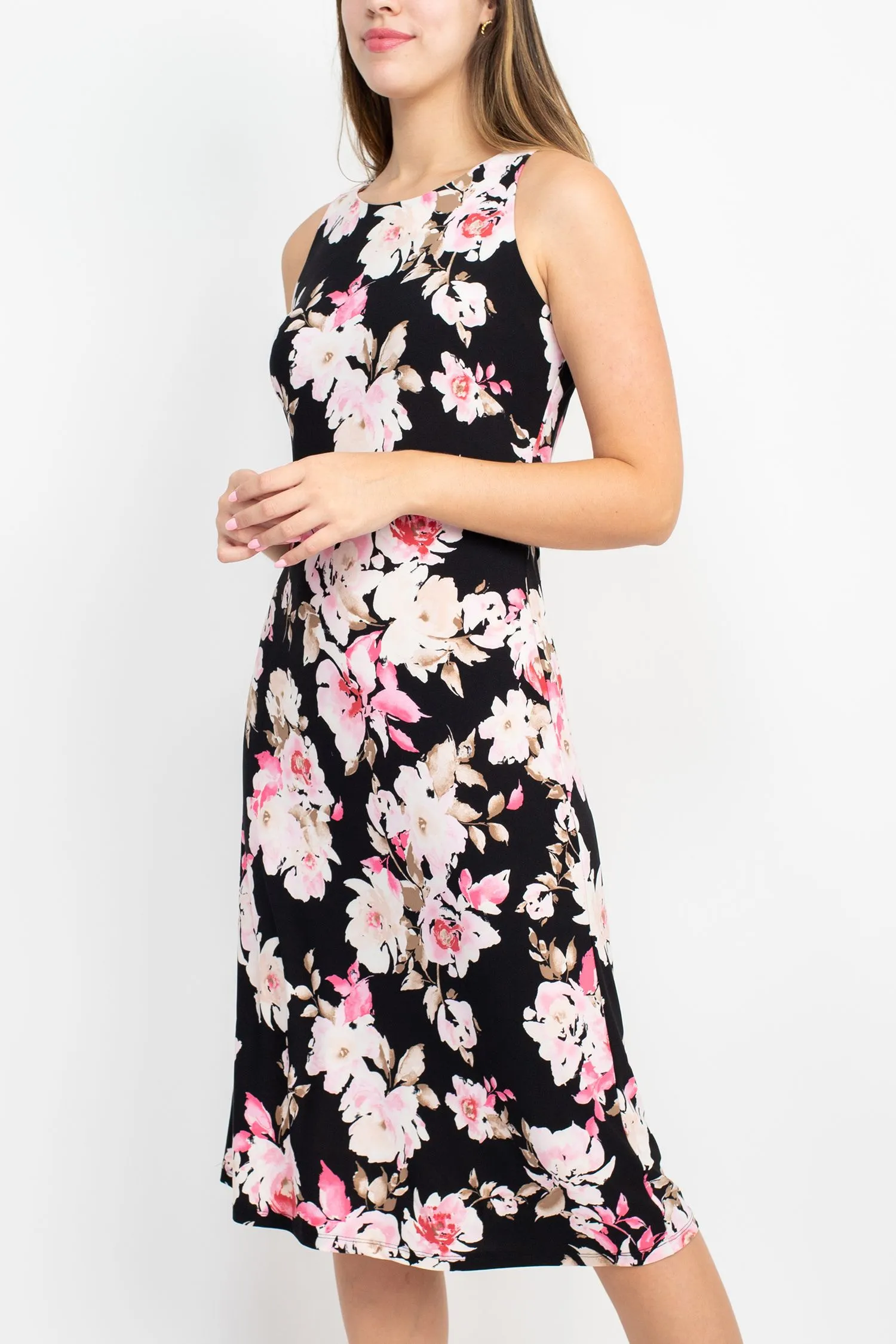 Nine West Crew Neck Sleeveless Floral Print Zipper Back A-Line ITY Dress