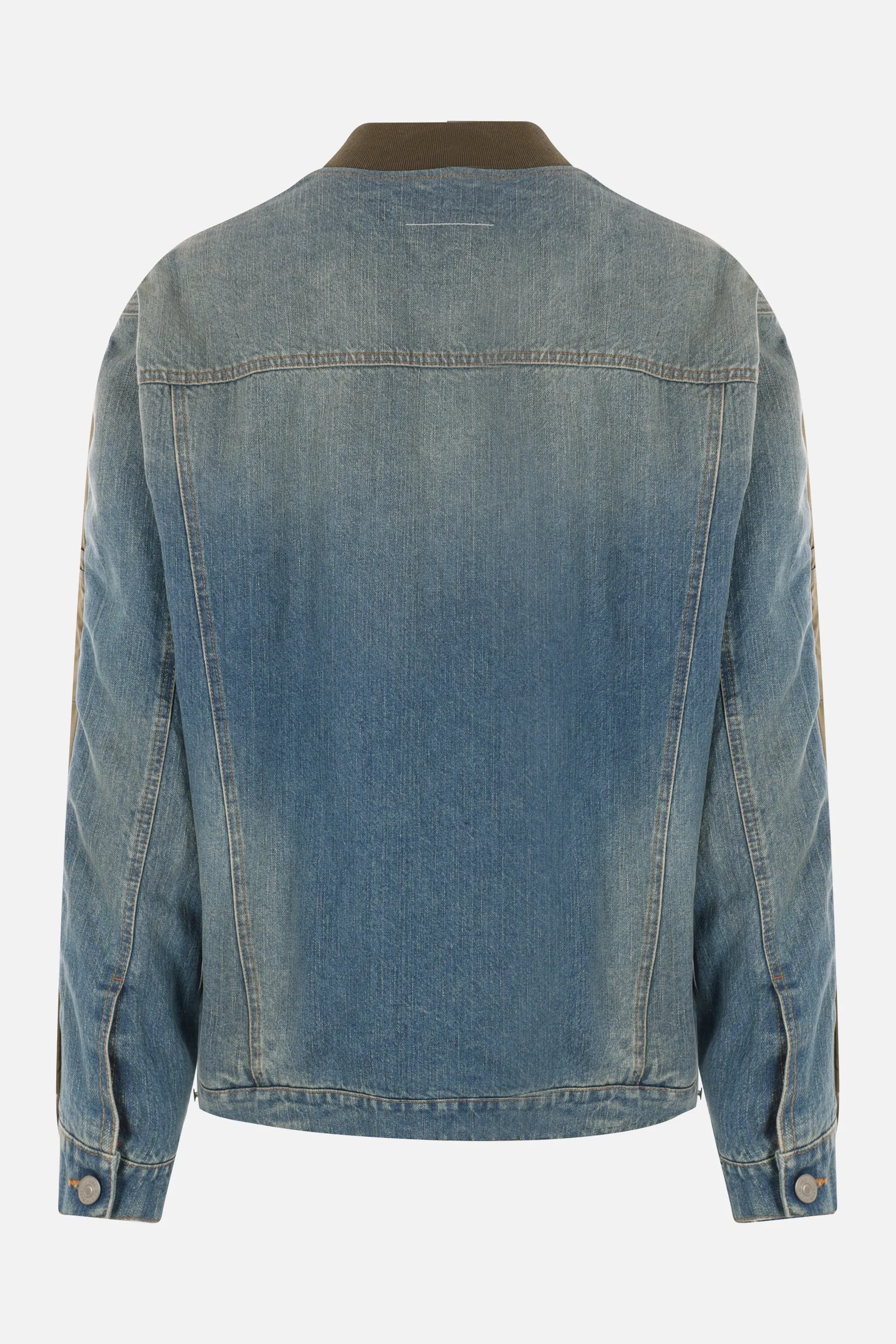 nylon and denim bomber jacket