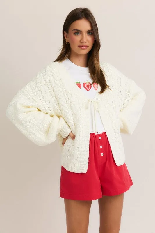 Peyton Long Sleeve Front Tie Knit Cardigan White