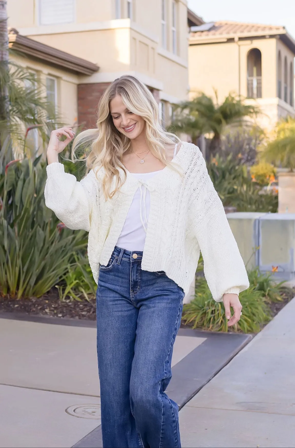 Peyton Long Sleeve Front Tie Knit Cardigan White