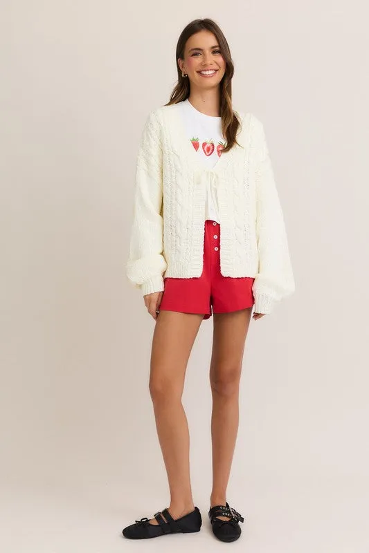 Peyton Long Sleeve Front Tie Knit Cardigan White