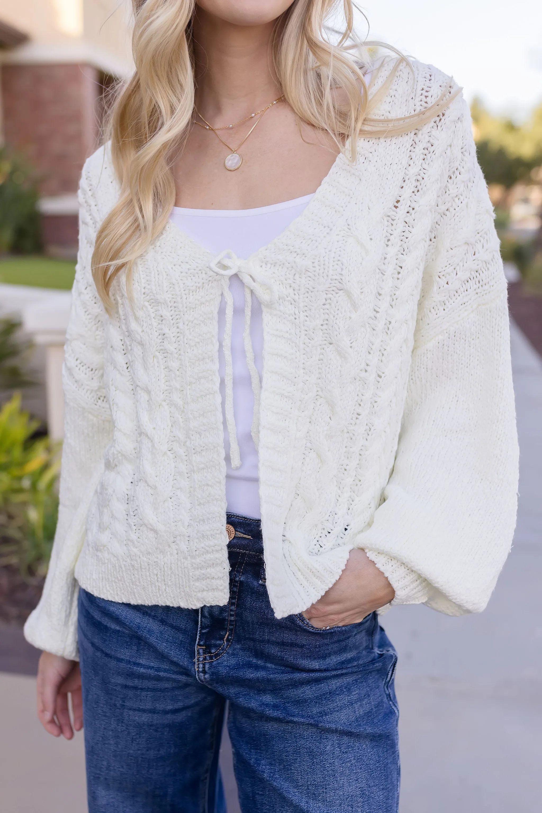 Peyton Long Sleeve Front Tie Knit Cardigan White