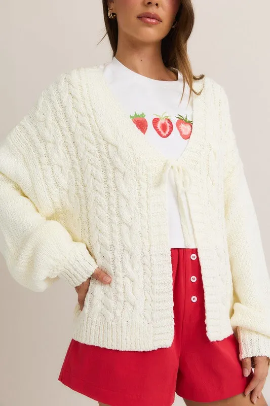 Peyton Long Sleeve Front Tie Knit Cardigan White