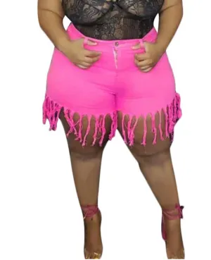 Plus Denim Tassel Shorts Pink