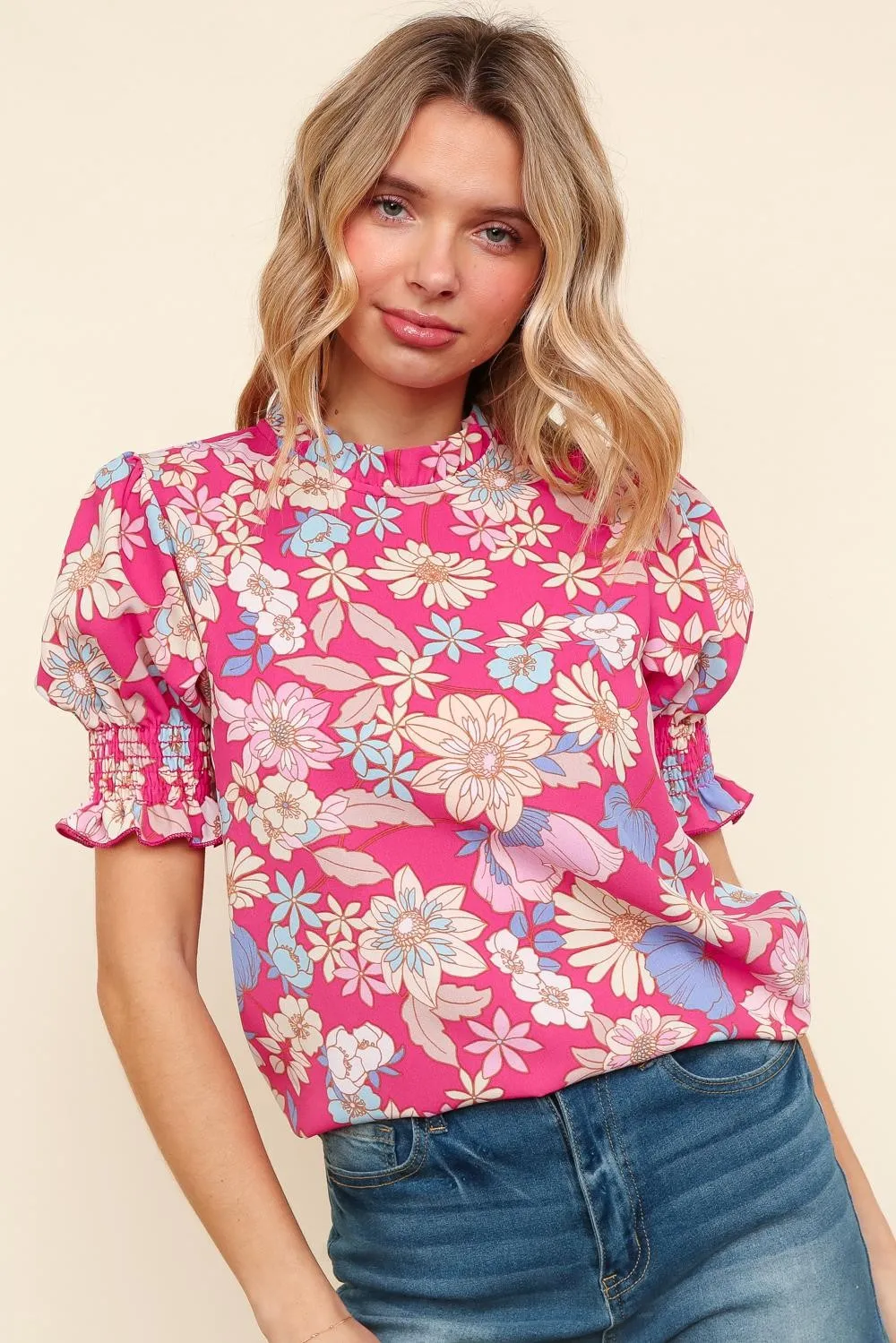 PLUS MOCK NECK WOVEN TOP W/ BUBBLE SHORT SLEEVES