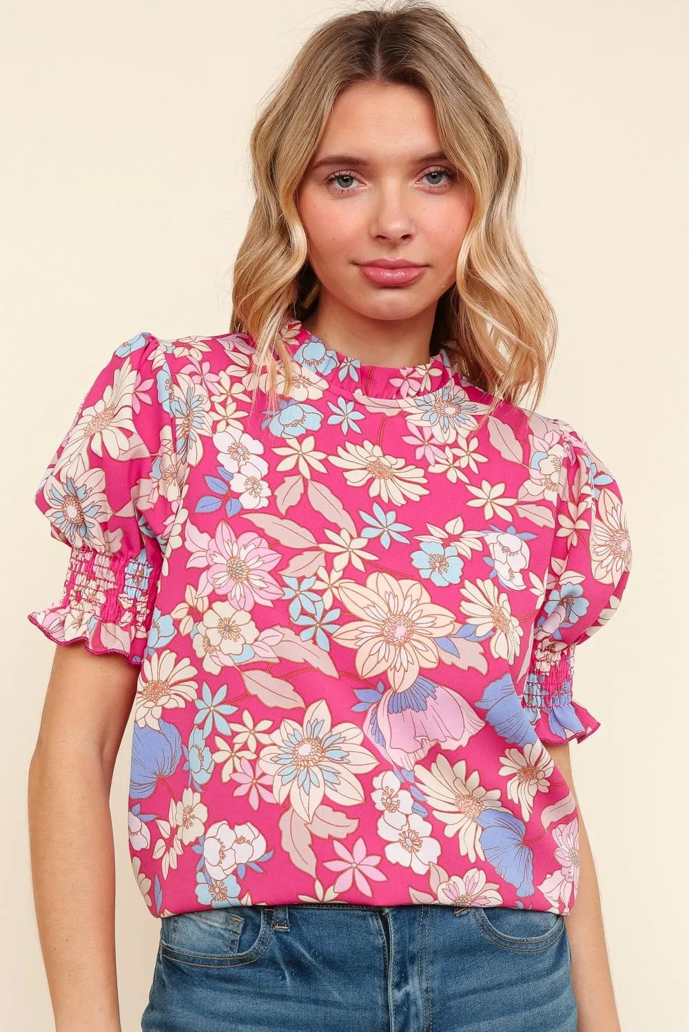 PLUS MOCK NECK WOVEN TOP W/ BUBBLE SHORT SLEEVES