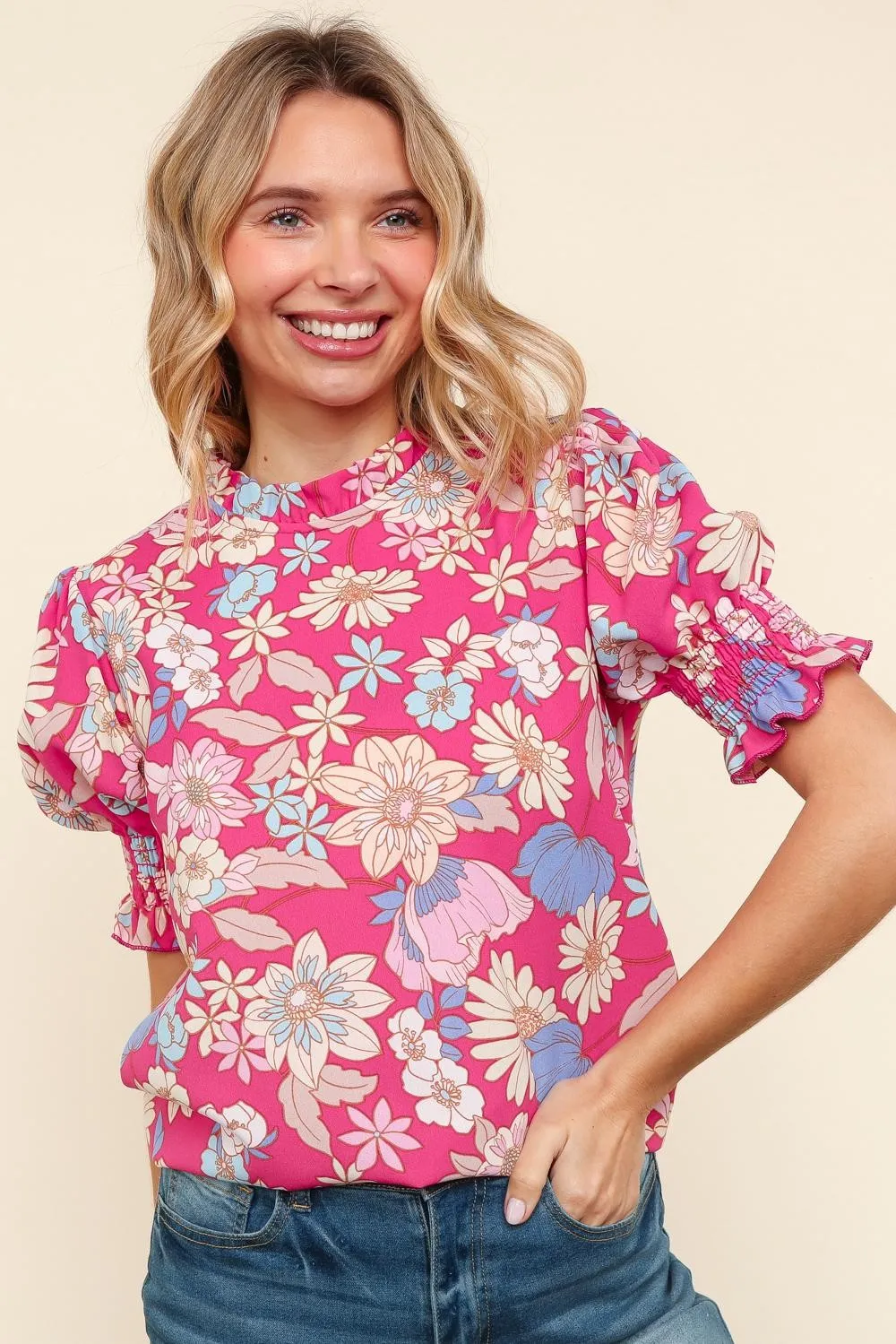 PLUS MOCK NECK WOVEN TOP W/ BUBBLE SHORT SLEEVES