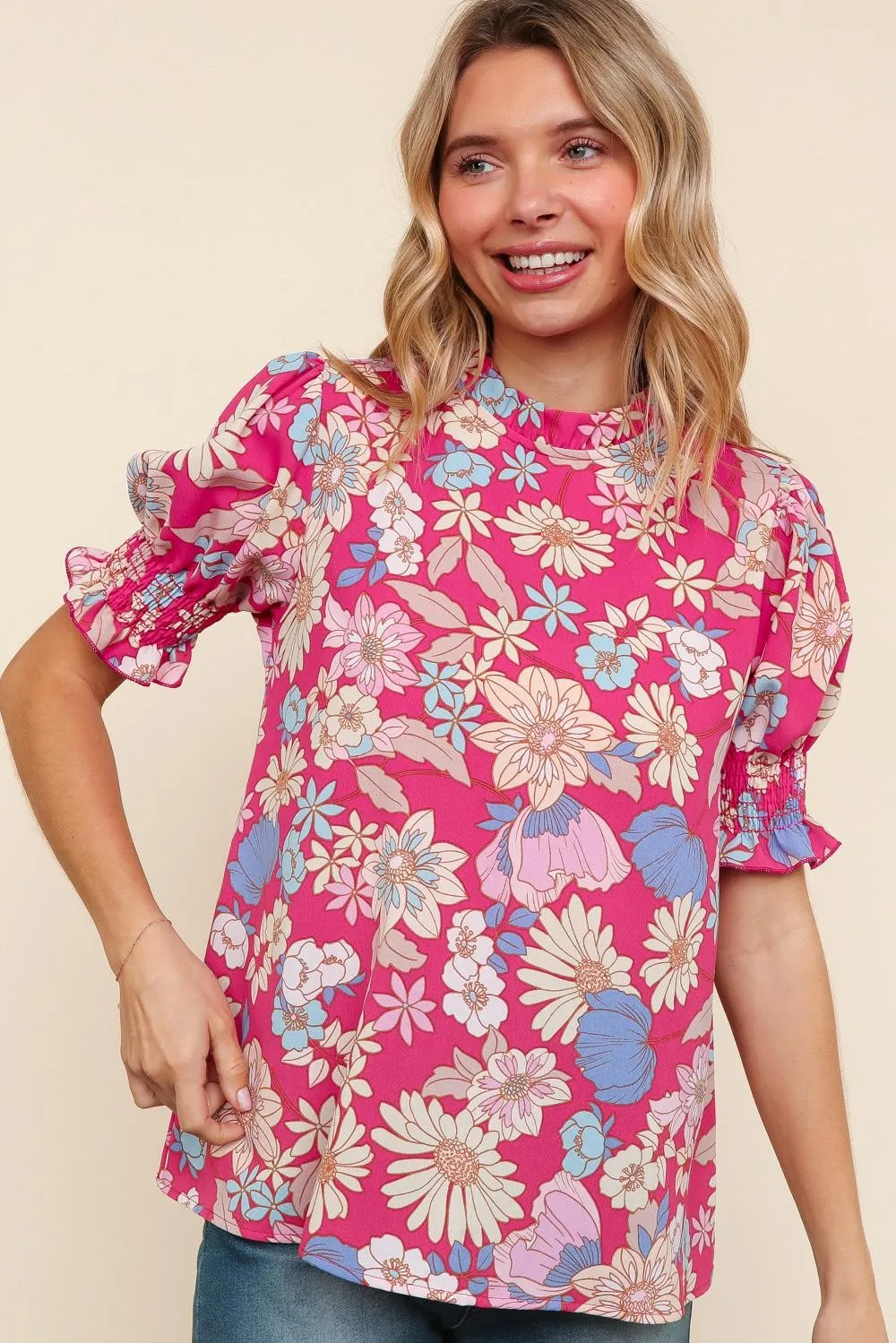 PLUS MOCK NECK WOVEN TOP W/ BUBBLE SHORT SLEEVES