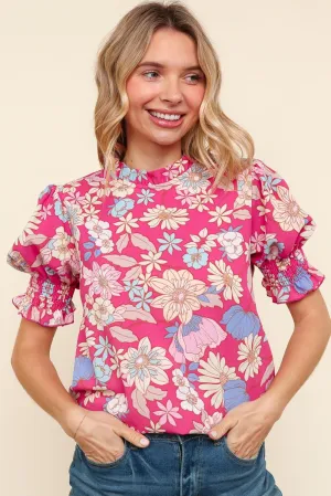 PLUS MOCK NECK WOVEN TOP W/ BUBBLE SHORT SLEEVES