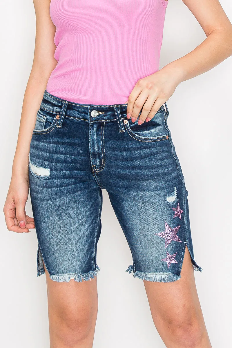 Plus Star Spangled Lauren Mid Rise Bermuda with Side Slit Detail