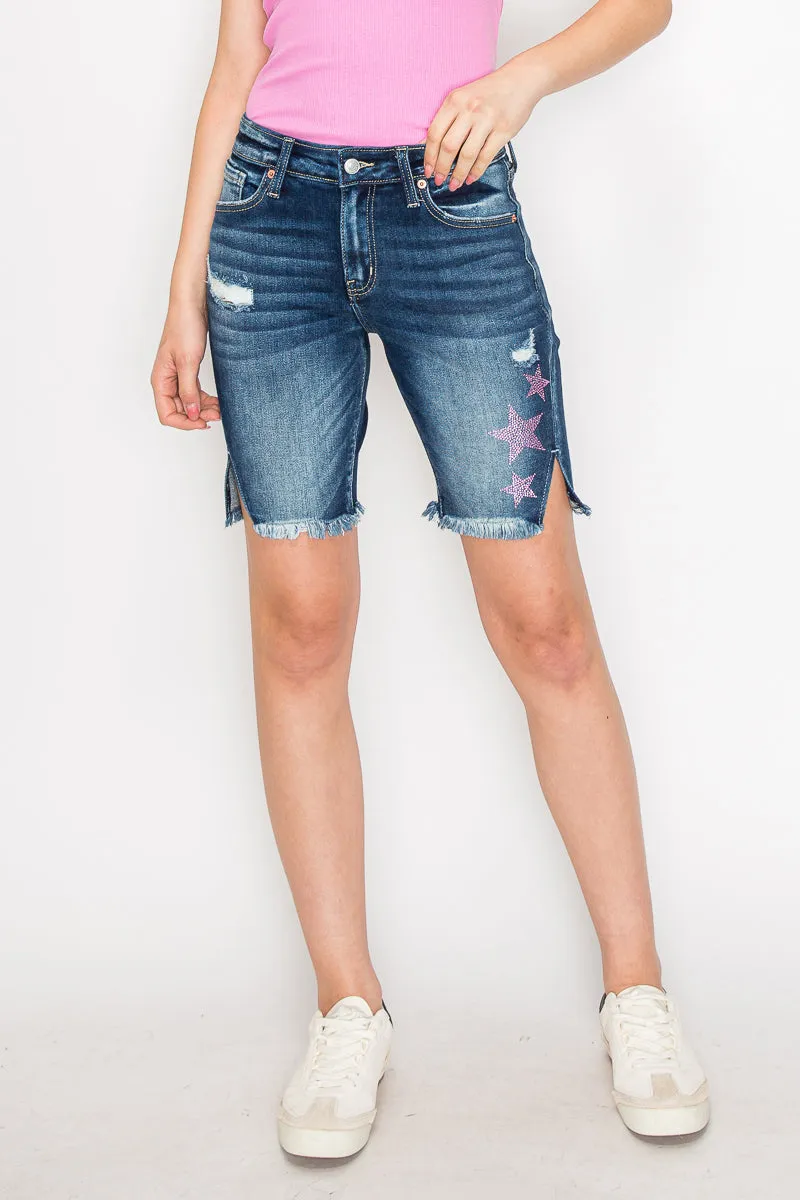 Plus Star Spangled Lauren Mid Rise Bermuda with Side Slit Detail
