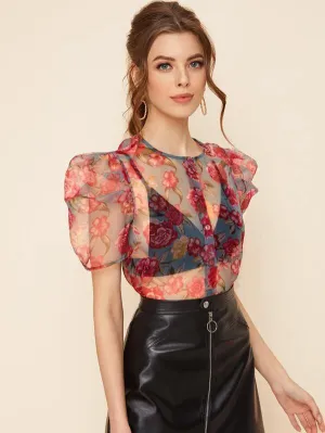 Puff Sleeve Buttoned Front Floral Organza Blouse Without Bra