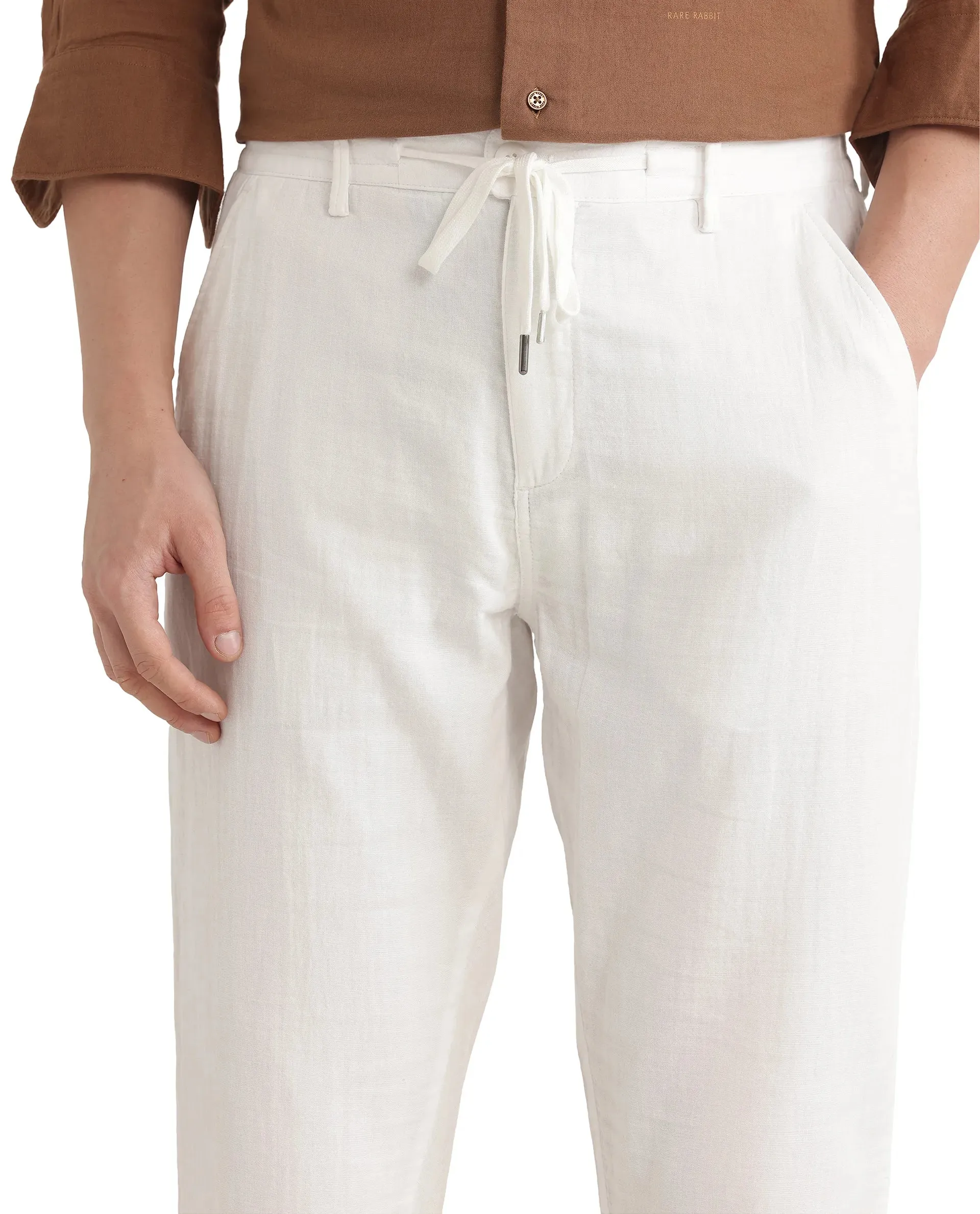Rare Rabbit Men Pastor-25 White Cotton Elastane Fabric Drawstring Closure Plain Trouser