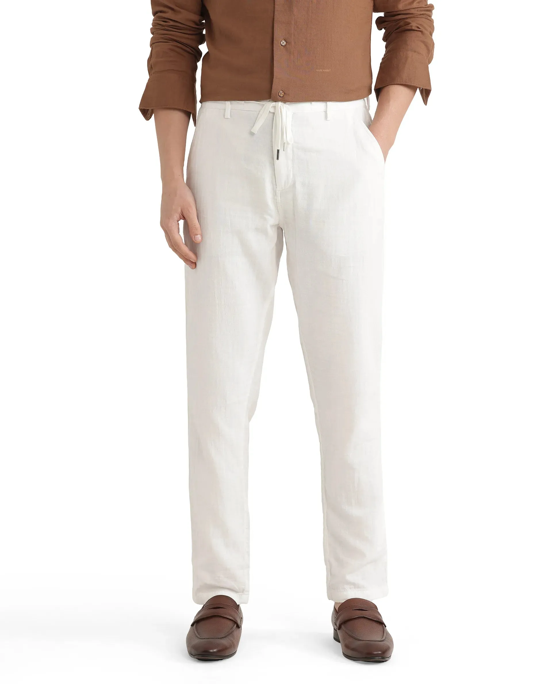 Rare Rabbit Men Pastor-25 White Cotton Elastane Fabric Drawstring Closure Plain Trouser