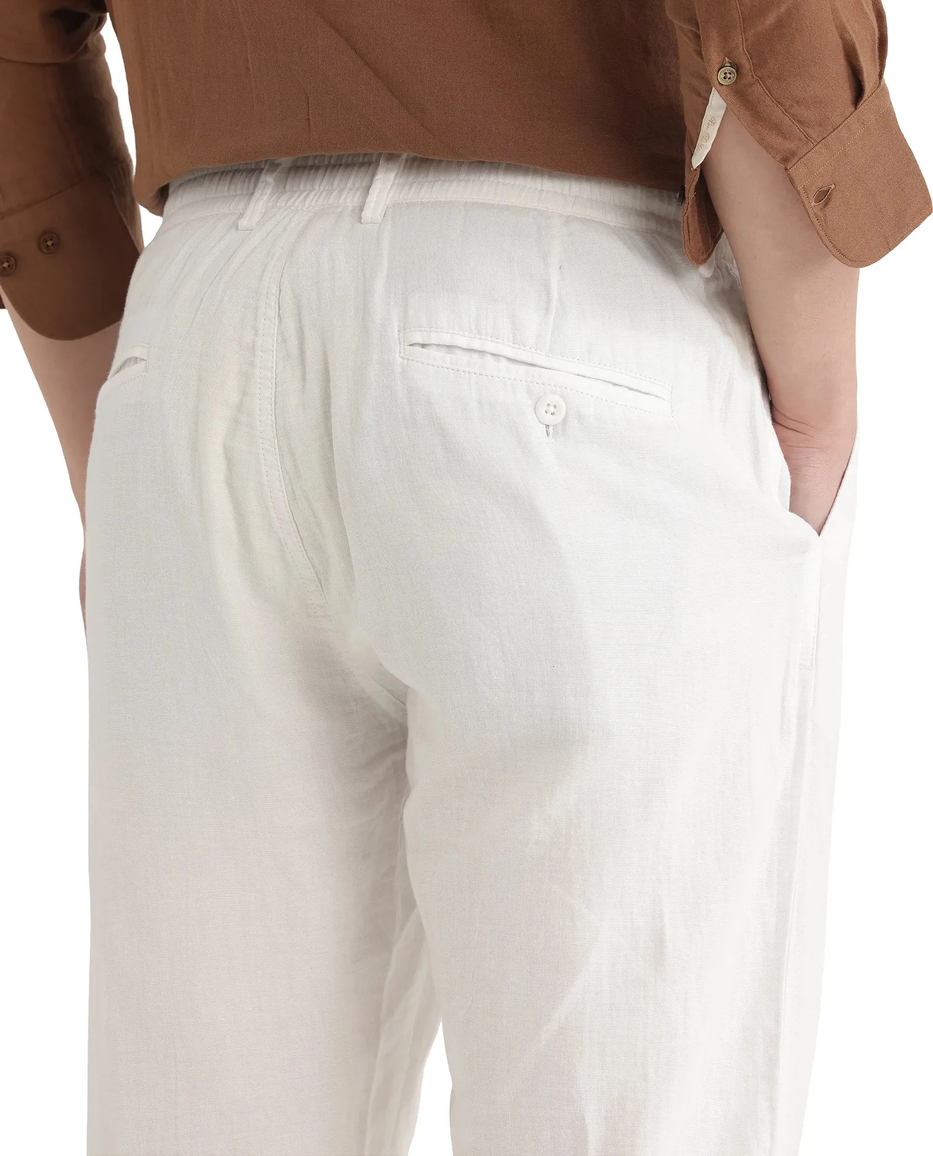 Rare Rabbit Men Pastor-25 White Cotton Elastane Fabric Drawstring Closure Plain Trouser