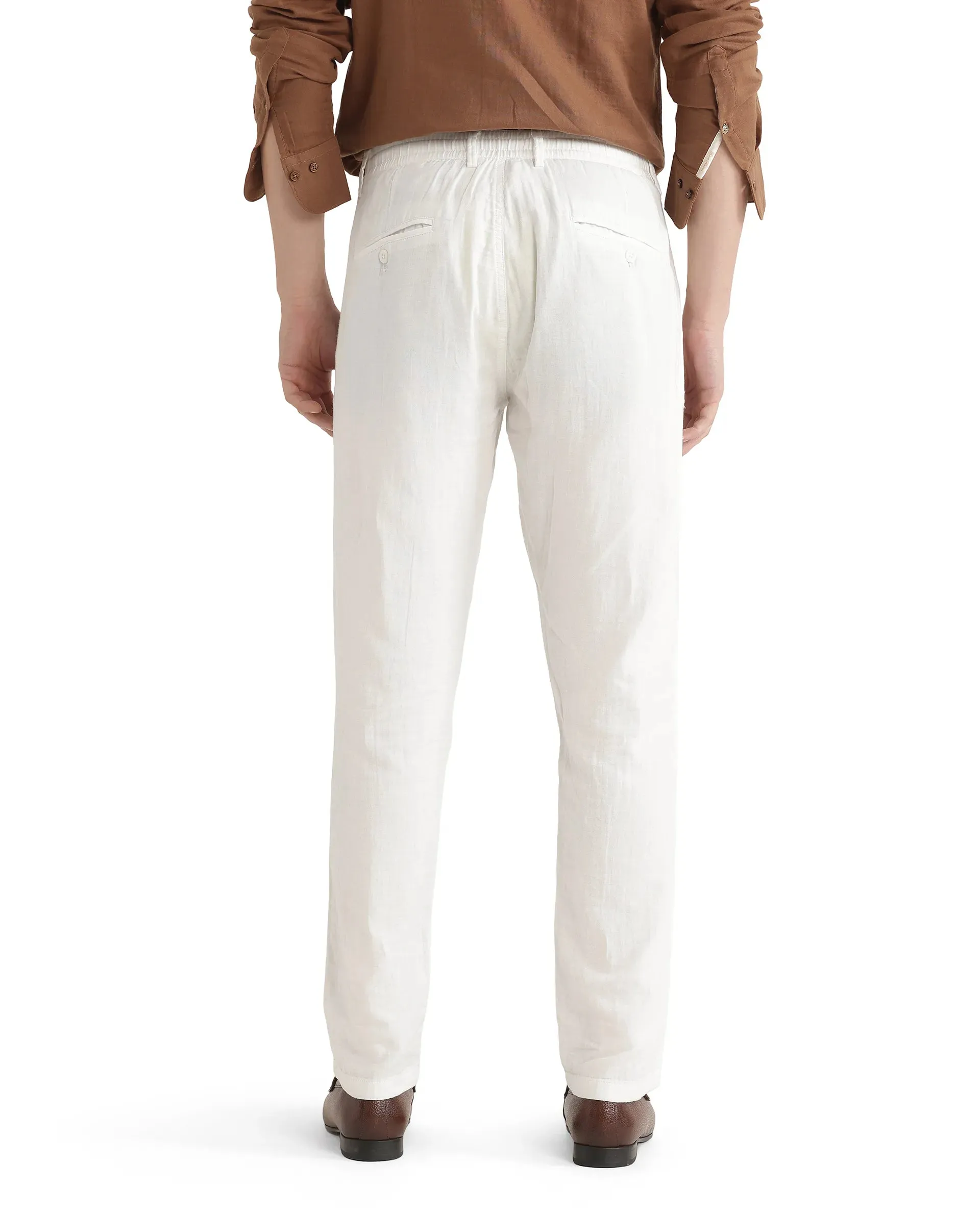 Rare Rabbit Men Pastor-25 White Cotton Elastane Fabric Drawstring Closure Plain Trouser