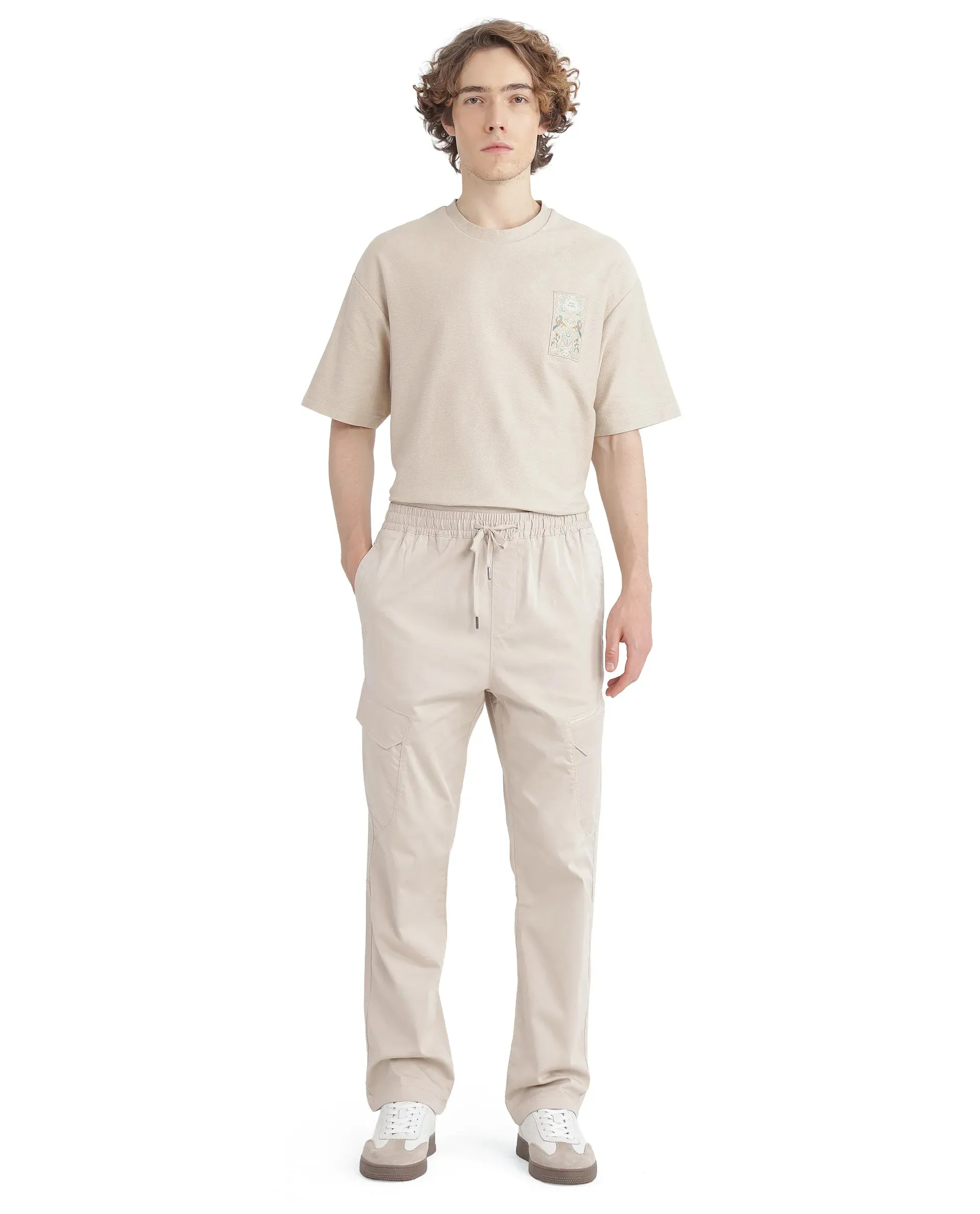 Rare Rabbit Men's Zudi Beige Cotton Fabric Drawstring Closure Regular Fit Cargo Style Trouser