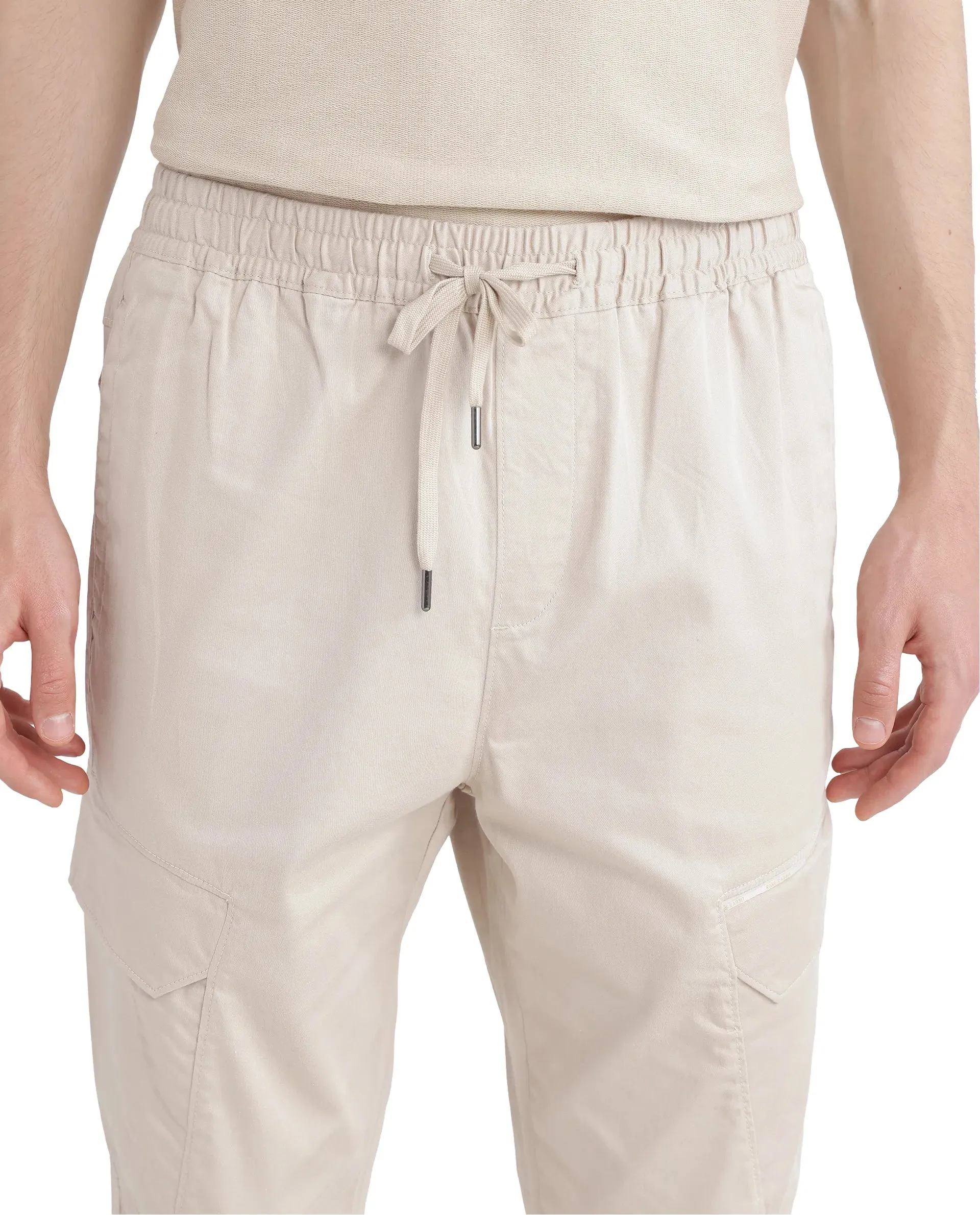 Rare Rabbit Men's Zudi Beige Cotton Fabric Drawstring Closure Regular Fit Cargo Style Trouser